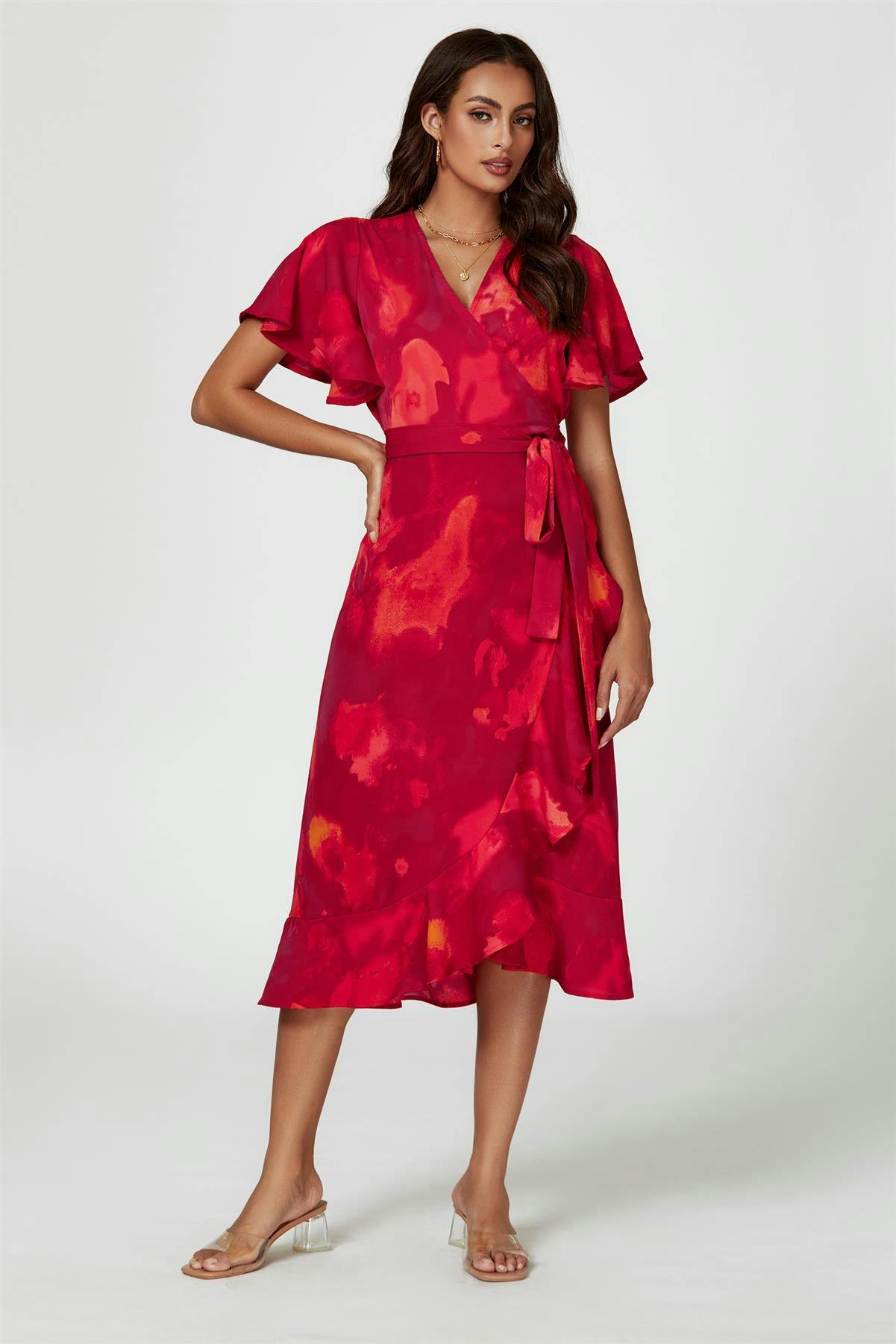 Fs Collection Red Abstract Print Angel Sleeve Wrap Midi Dress In - Xs