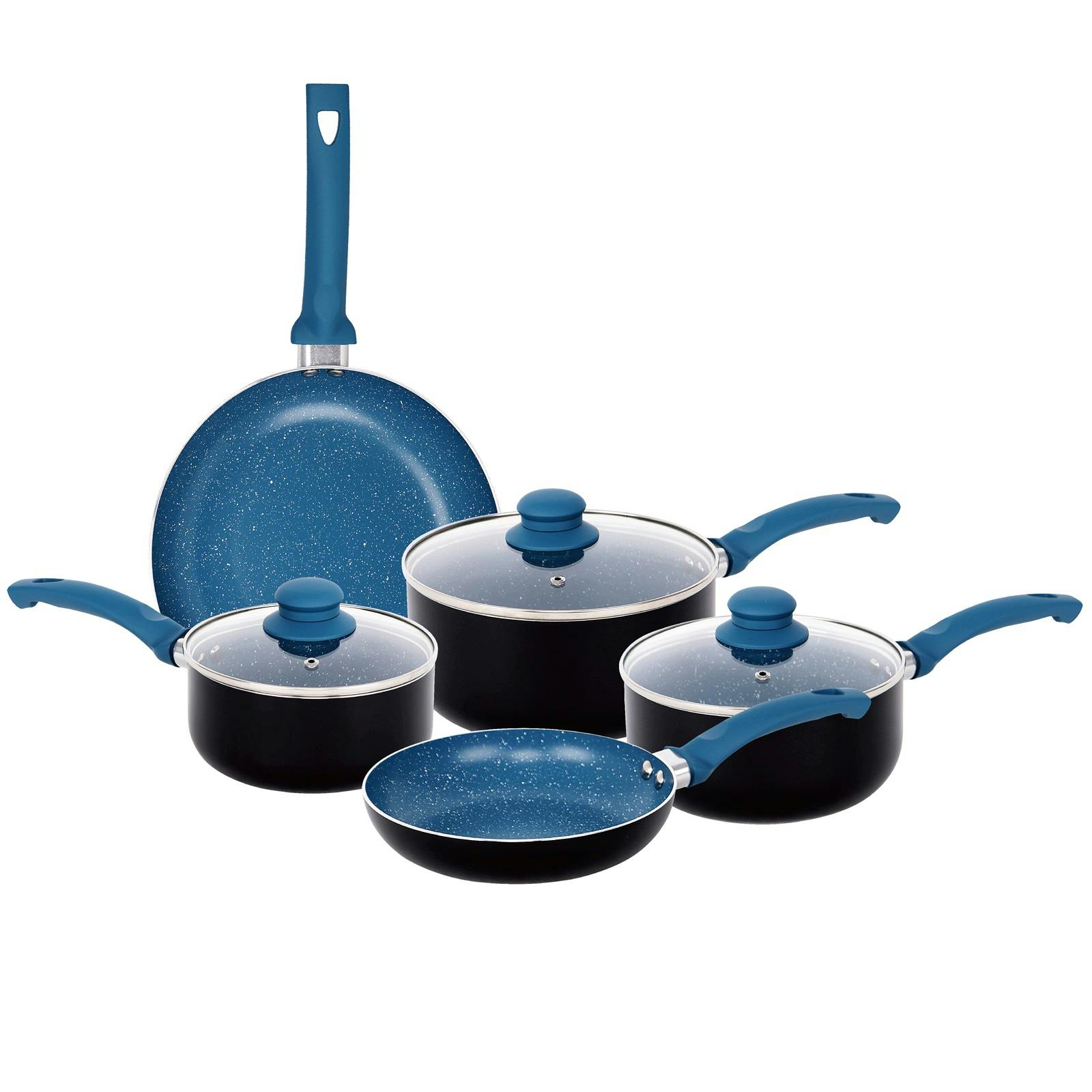 Gr8 Home Blue Aluminium 8 Pc Marble Ceramic Non Stick Induction Frying Pan Saucepan Set