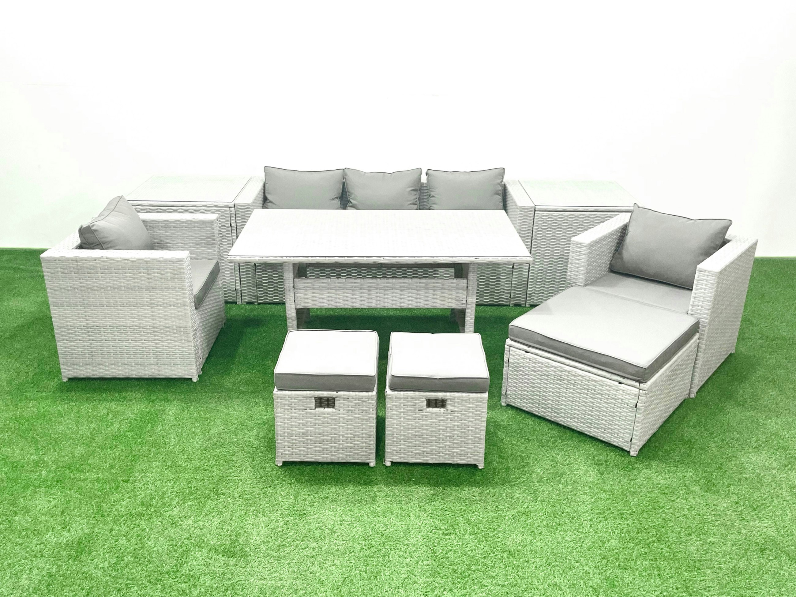 Rackhams Light/Grey Garden Dining Set Outdoor Rattan Furniture Set With Sofa Dining Table 2 Chairs 3 Footstools 2 Side Tables Mixed