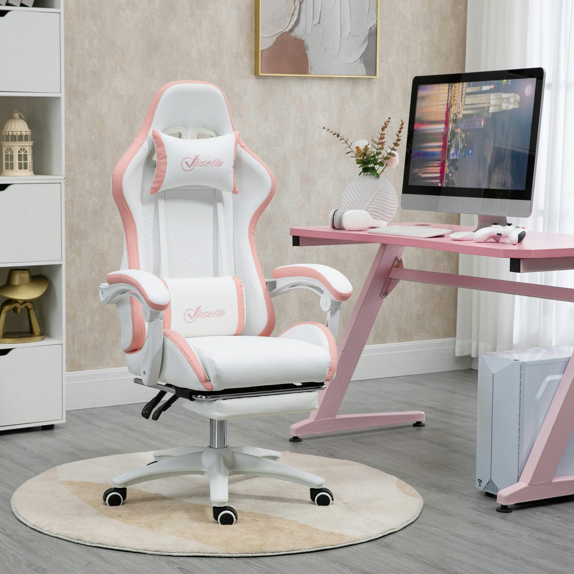 Rackhams Grey/Pink Racing Style Gaming Chair With Reclining Function Footrest,