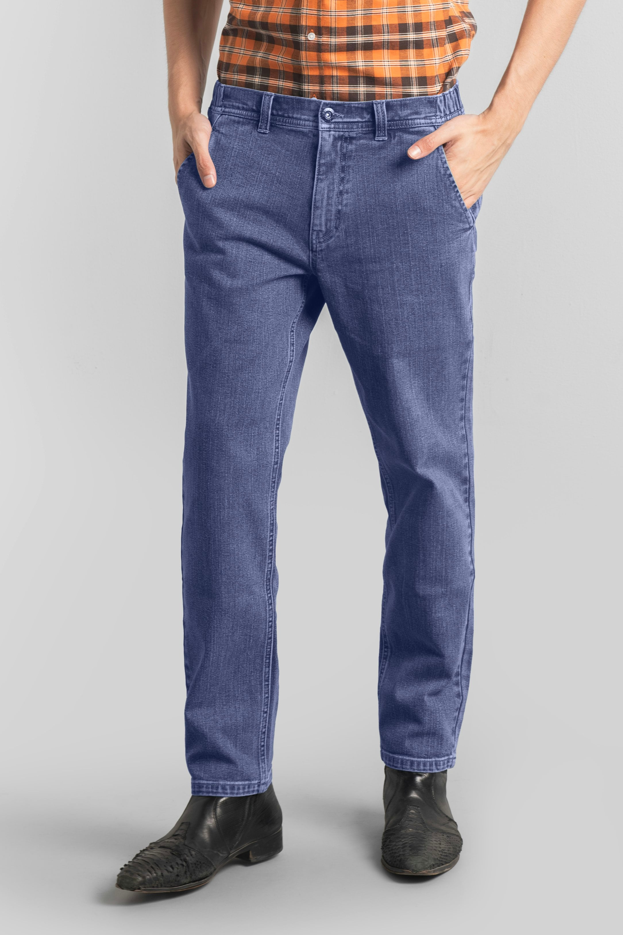 Enorsia Men's Blue Elasticated Waist Straight Fit Jeans - 36 - 99% Cotton, 1% Spandex