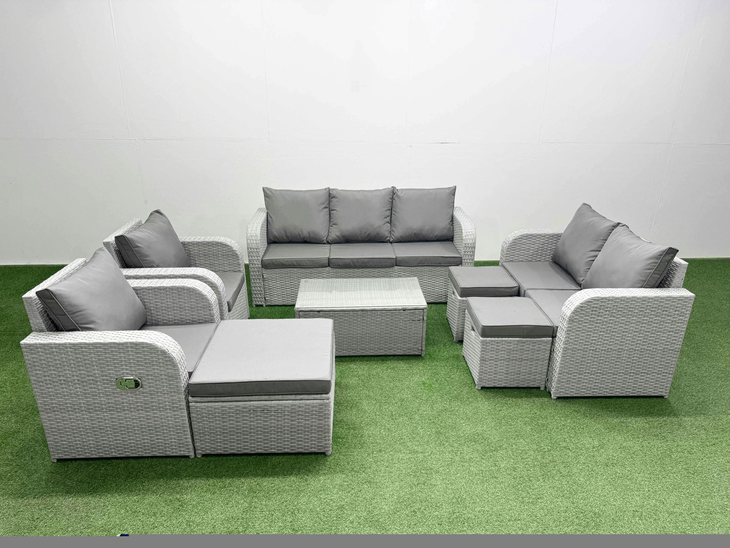 Fimous Light/Grey Pe Rattan Garden Furniture Set Adjustable Chair Sofa Double Love Seat 2 Seater Sofa Lounge Set Oblong Coffee Table 3 Stools