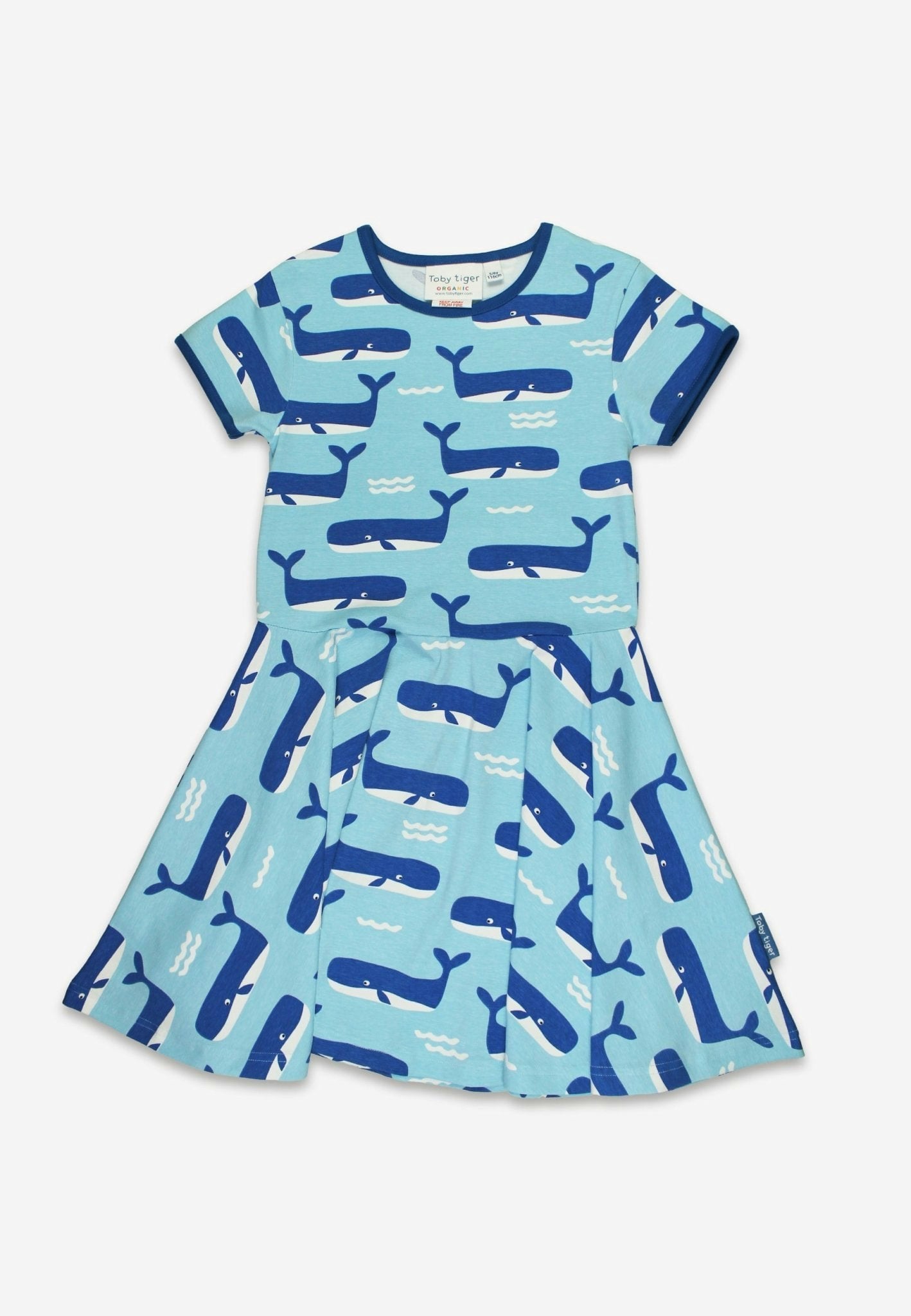 Toby Tiger Organic Whale Waves Print Short Sleeved Skater Dress - 3-4Y / 104Cm