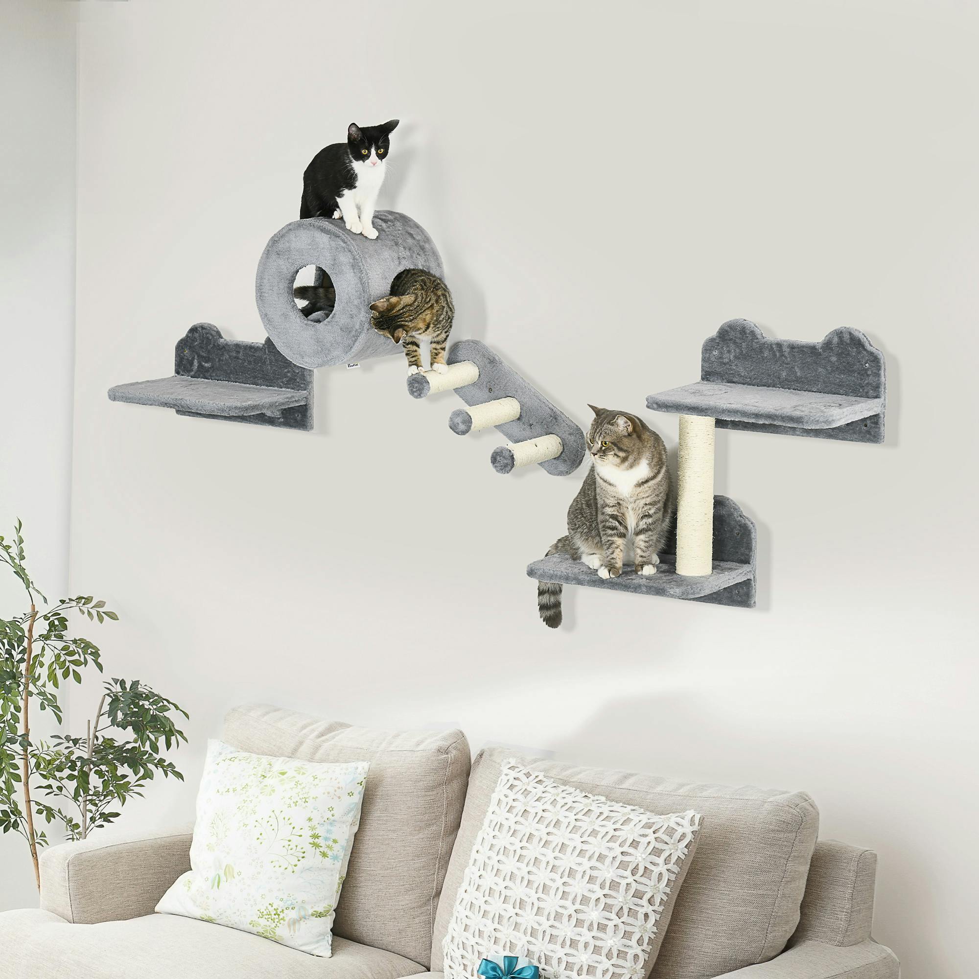 Pawhut Grey Cat Wall Furniture With Platforms, Steps, Perch, Cat House