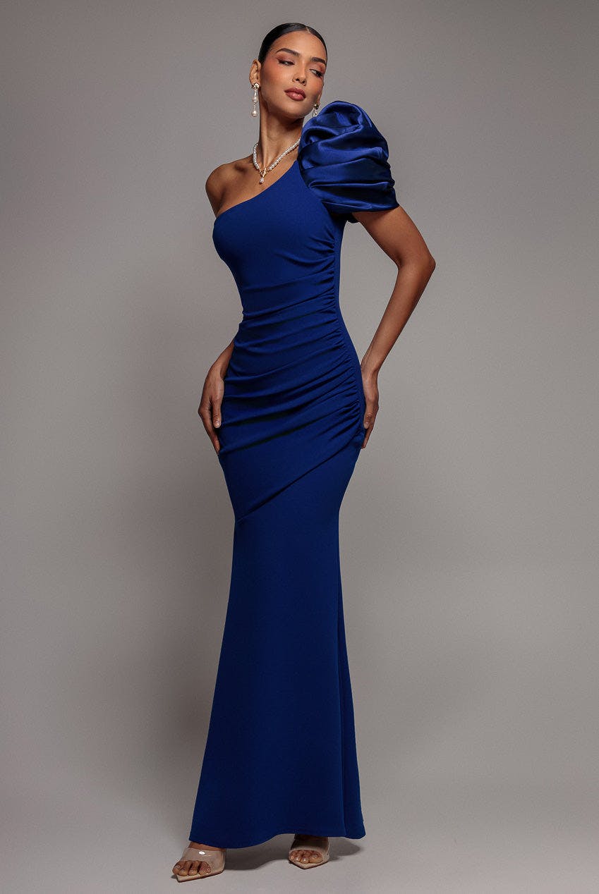 Goddiva Blue One Shoulder Puffed Satin Sleeve Evening Maxi Dress - Royal By - Royal - 16