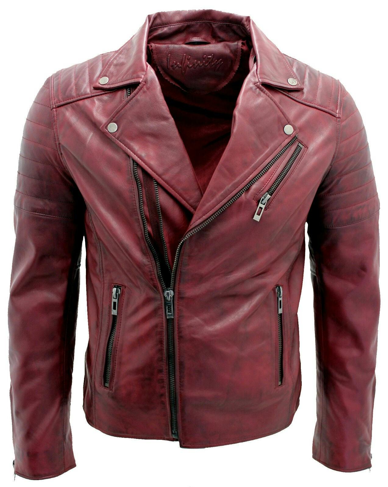 Infinity Leather Men's Burgundy Slim Fit Brando Style Cross Zip Leather Biker Jacket - Uk 2XL | Eu 54 | Us 44