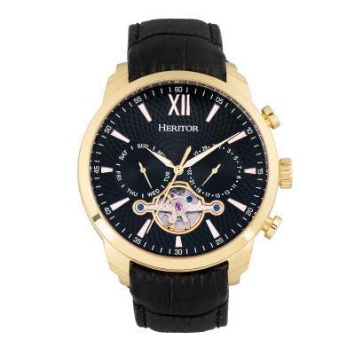 Heritor Automatic Men's Gold/Black Arthur Semi-Skeleton Leather-Band Watch W/ Day/Date