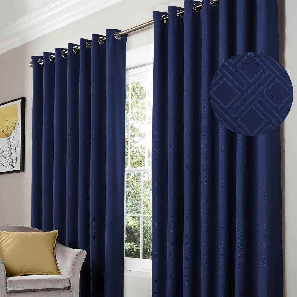 Rackhams Blue Diamond Blackout Eyelet Curtains Thermal Lined Ready Made Curtains - 66 X 72"