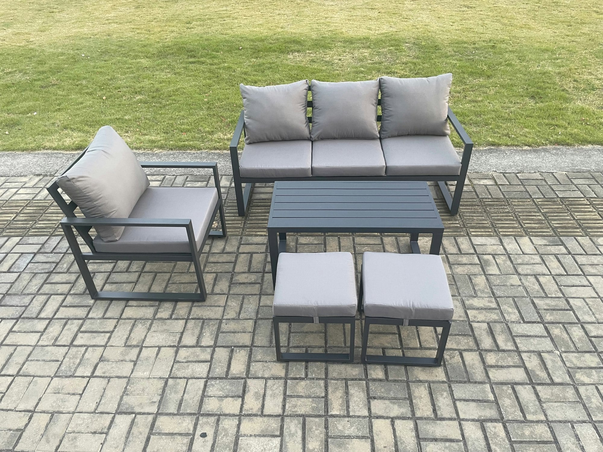 Rackhams Dark/Grey Aluminium Outdoor Garden Furniture Set Patio Lounge Sofa With Oblong Coffee Table 2 Small Footstools Armchair
