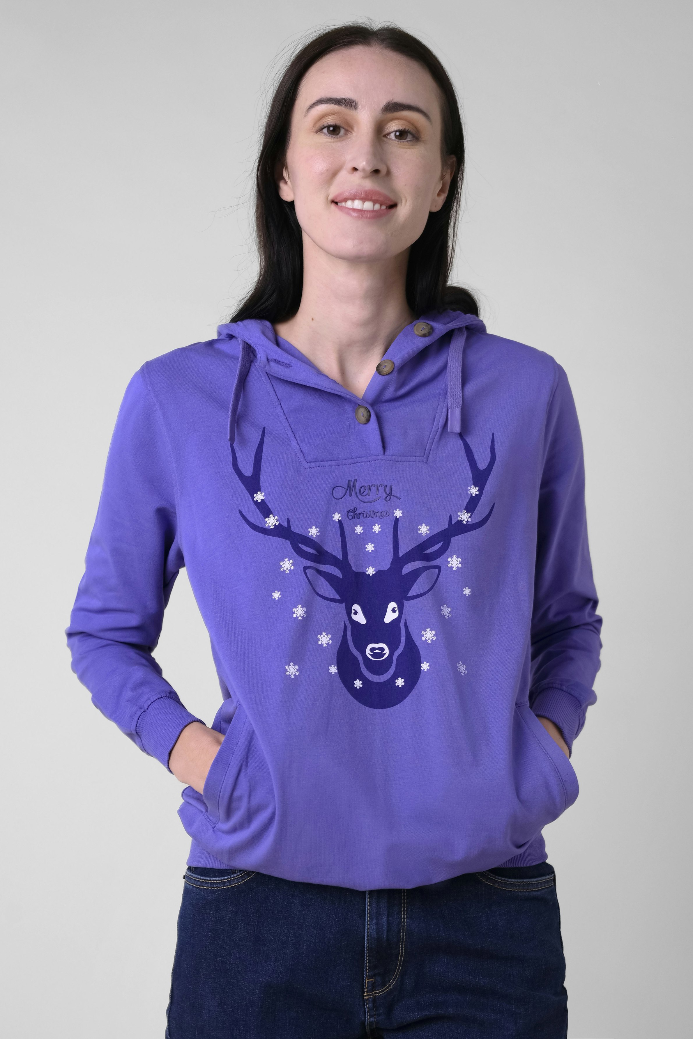 Enorsia Women's Festive Reindeer Purple Hoodie | Size: 18 - Image 2