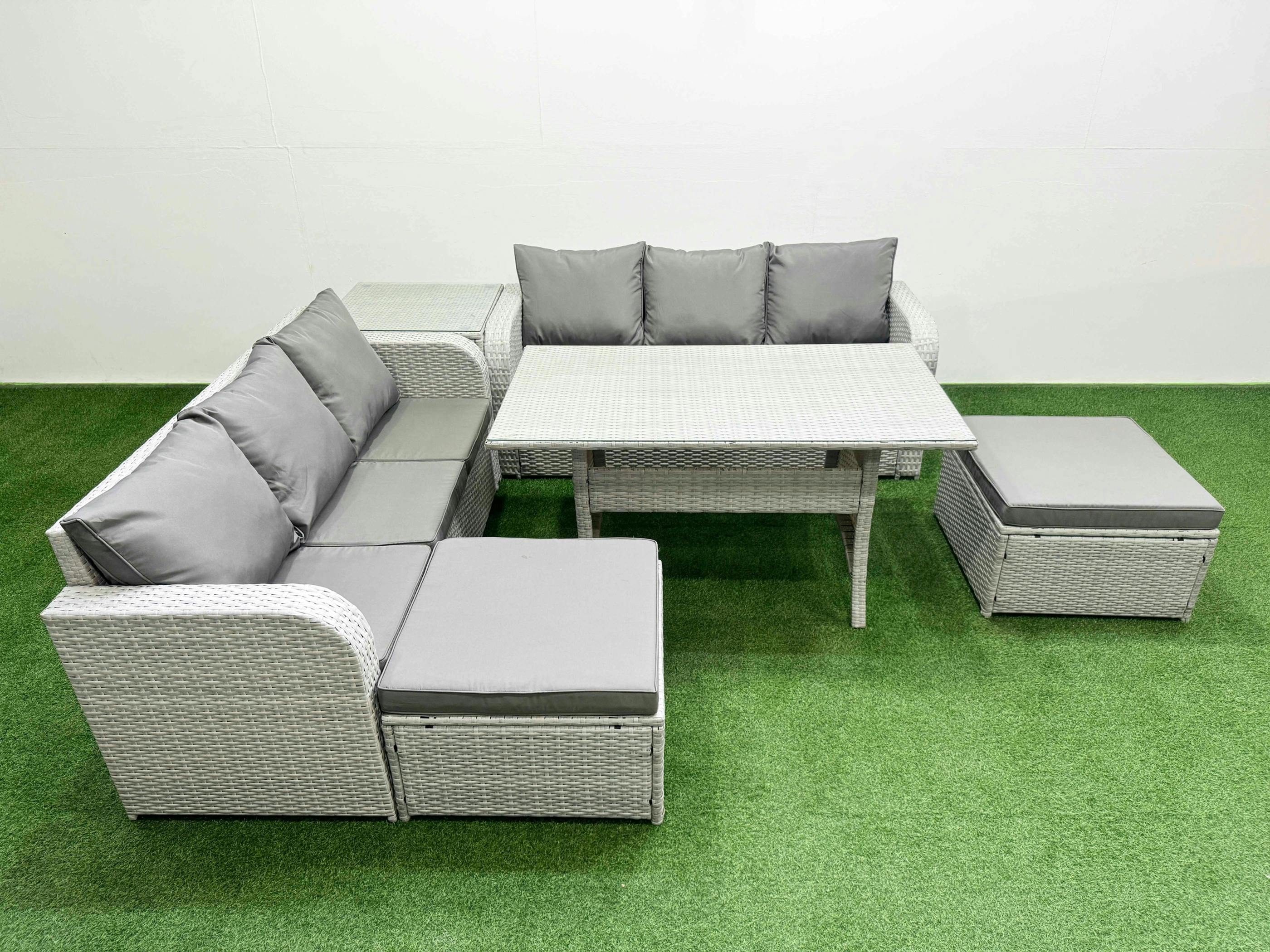 Rackhams Light/Grey 8 Seater Wicker Rattan Garden Furniture Patio Set, Dining Table, High Back Lounge Sofa, 2 Big Footstool, Side Table,