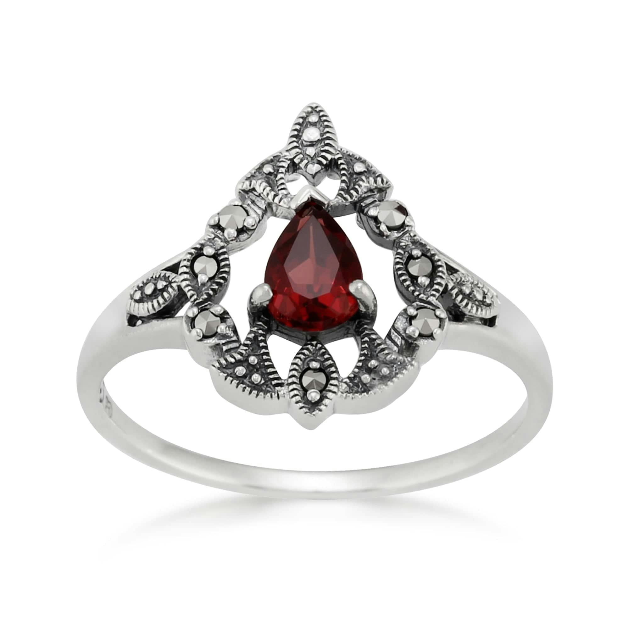 Gemondo Silver Victorian Style Pear Garnet & Marcasite Garland Statement Ring In - S