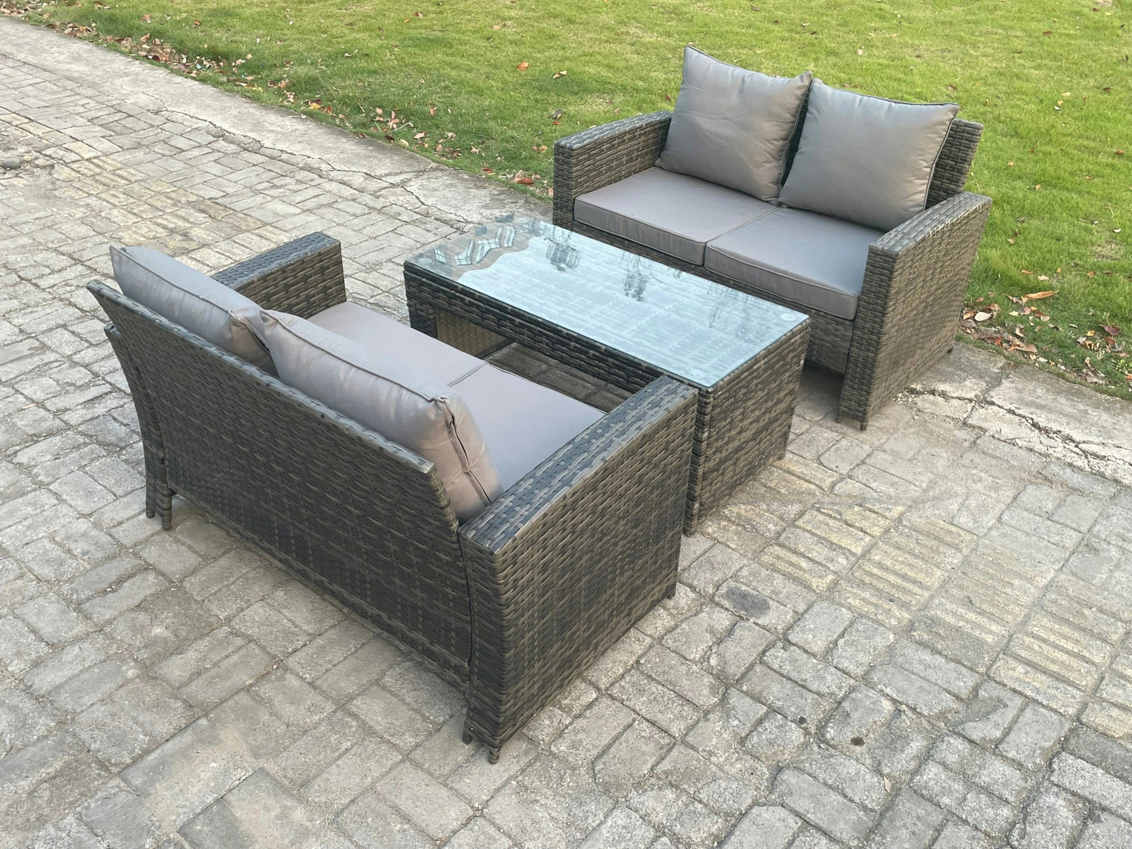 Rackhams Dark/Grey 3-Piece Poly Rattan Garden Furniture Set - Mixed Outdoor Patio Pe Wicker Loveseat & Table Set