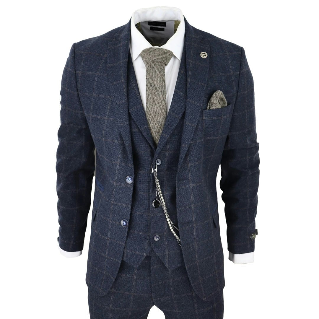 Truclothing Men's Blue/Brown Stz72 - 3 Piece Suit Wool Tweed Navy Check 1920S Gatsby Formal Dress Suits - 52" Jacket 46" Trousers