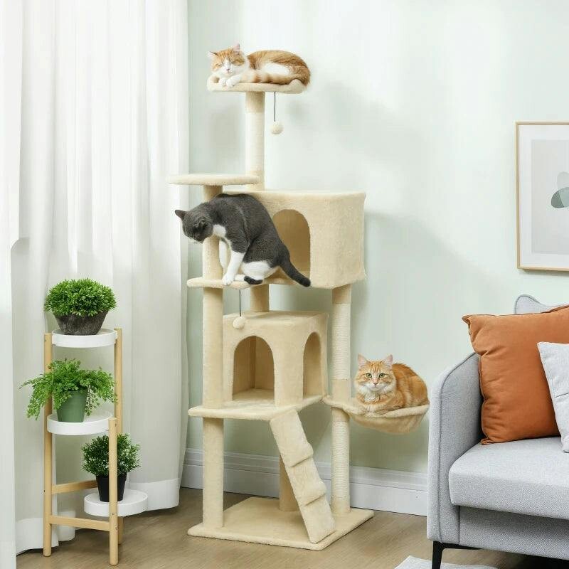 Pawhut (Cream) 160Cm Cat Tree Tower With Sisal Scratching Posts, Condos - Image 4