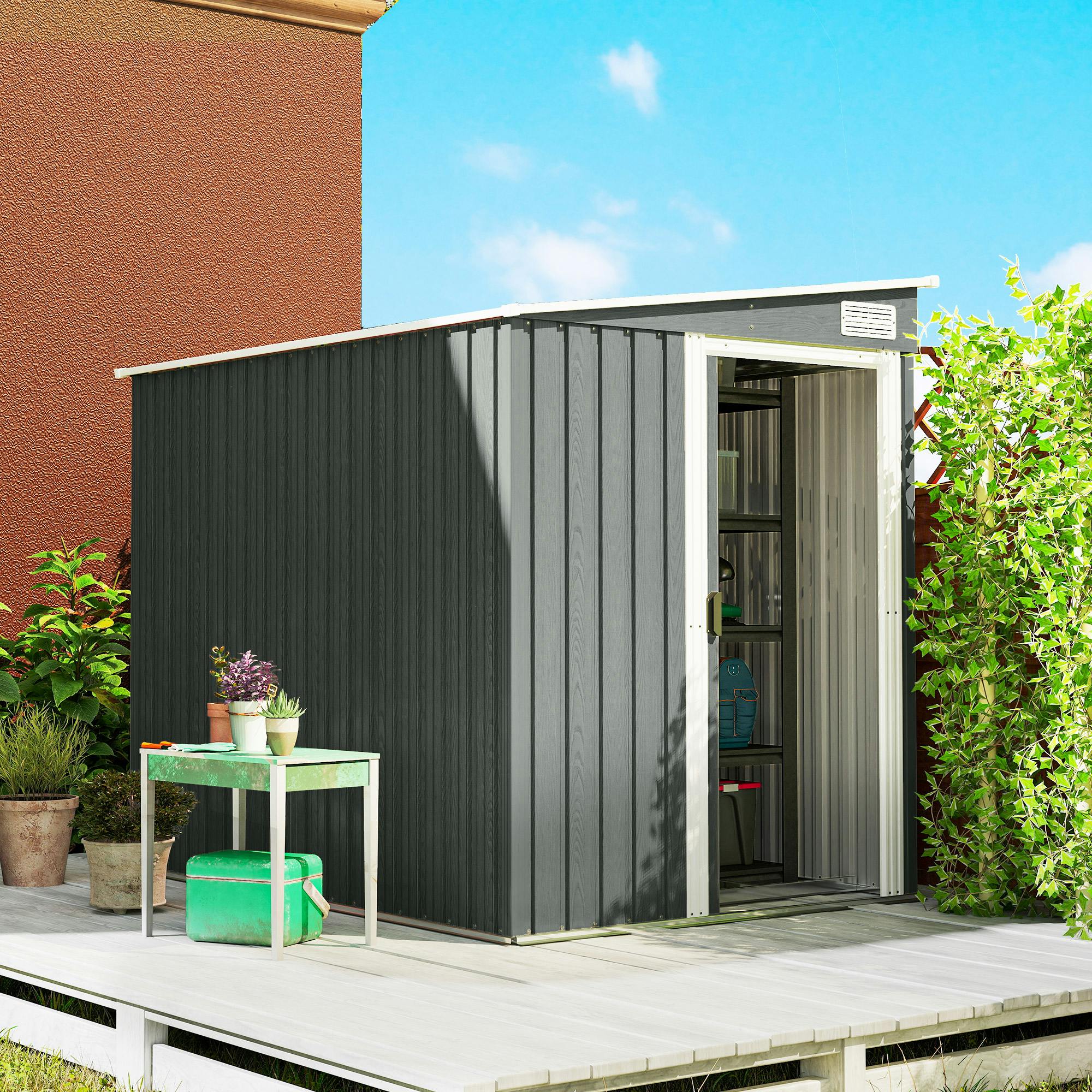 Rackhams Grey/Light 7 X 5Ft Garden Shed W/ Foundation Lean To Metal Tool Shed - Galvanised Steel - 154W X 206.5D X 181H Cm