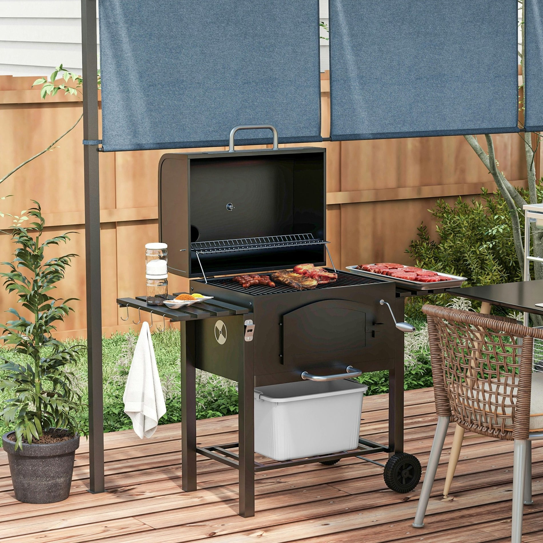 Outsunny Unisex Black Portable Charcoal Bbq Grill Smoker W/ Folding Shelves Thermometer Bottle Opener In - Image 3