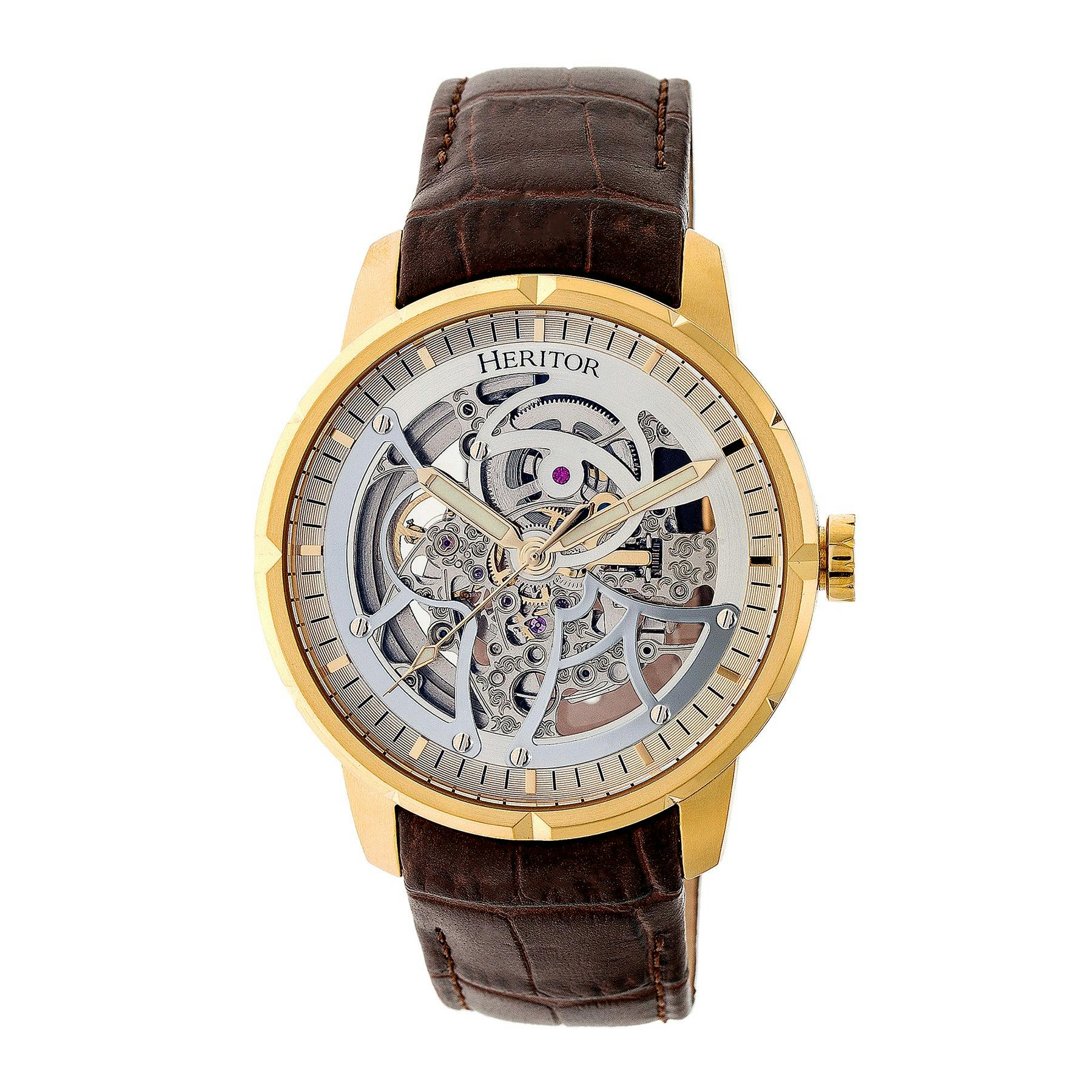 Heritor Automatic Brown/Gold Ryder Skeleton Leather-Band Watch