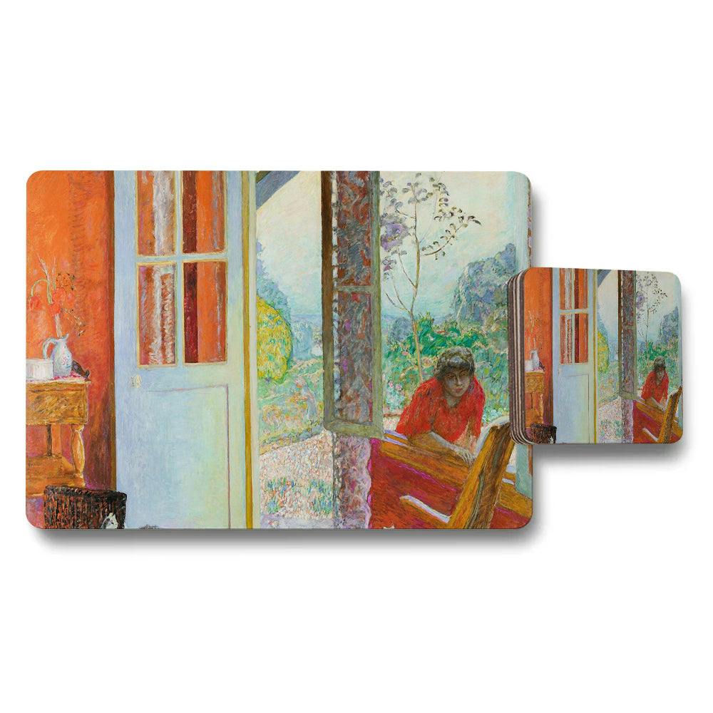 Benjamin Tate Design Red Impressionist Placemats And Coaster Set Featuring Garden Scene Artwork
