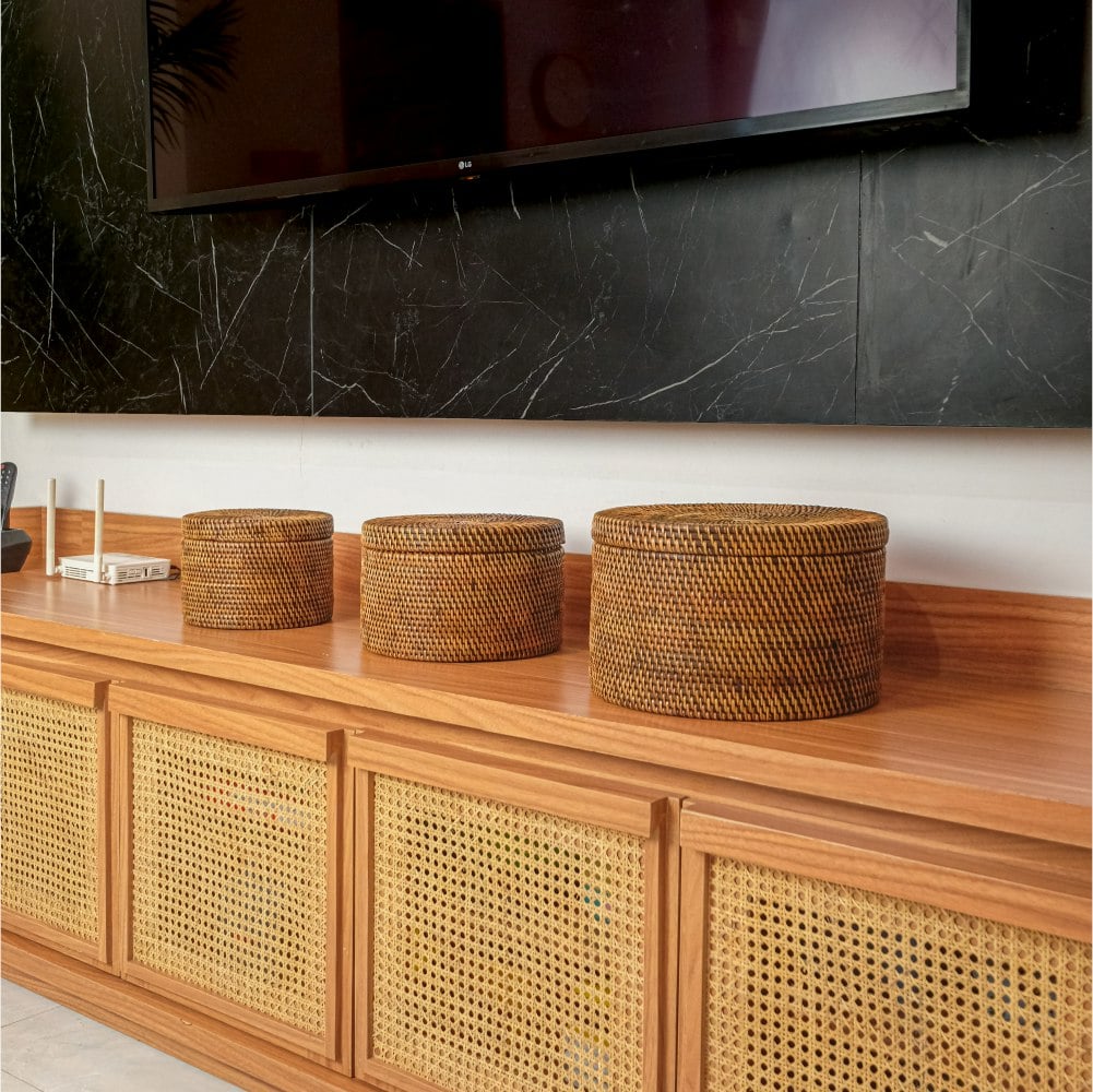 Coastal Villa Homeware Brown Round Rattan Storage Basket | Wicker Baskets S, M And L In 4 Colours - Honey - 20Cm