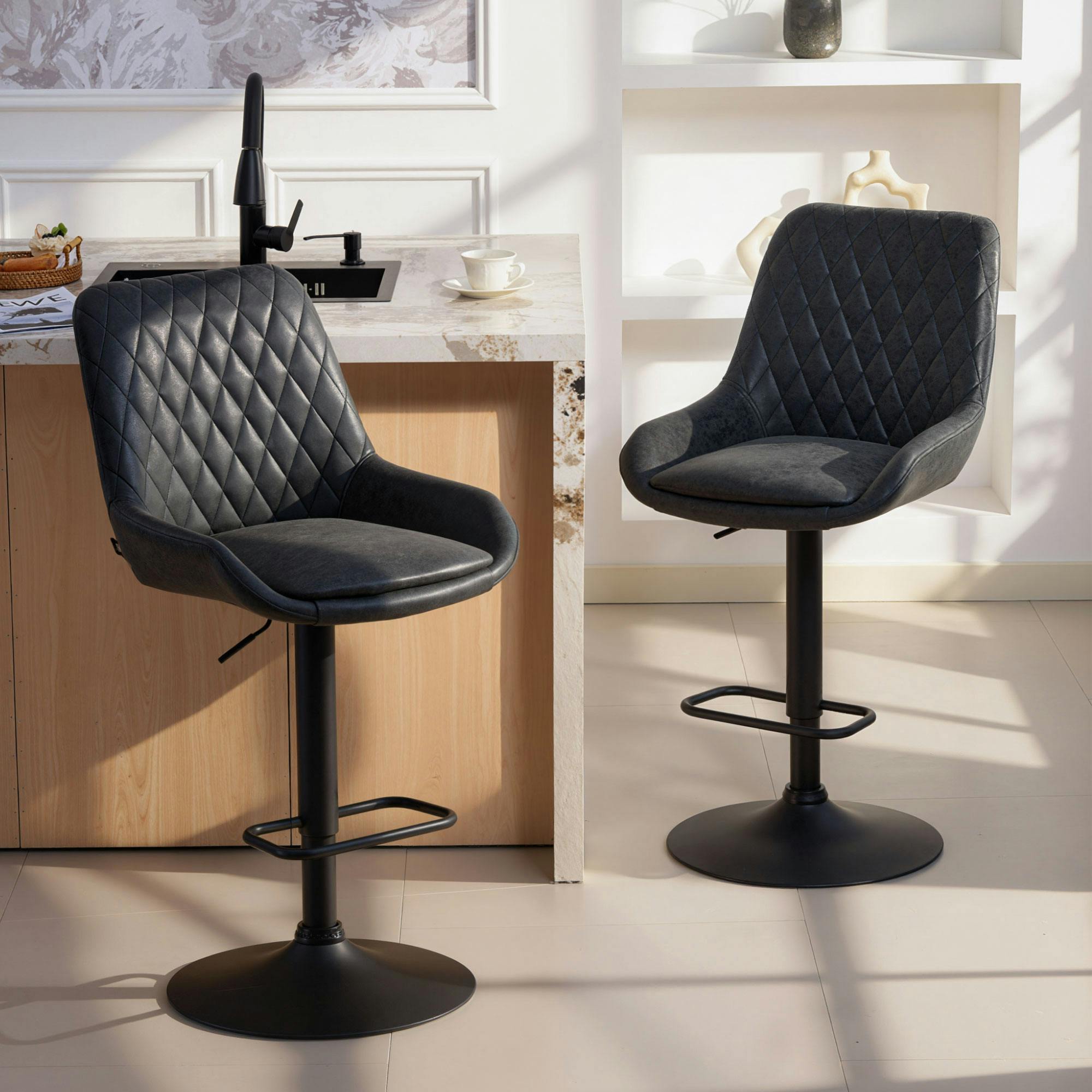 Rackhams Black Bar Stools Set Of 2, Adjustable Bar Chairs 360 Degree Swivel