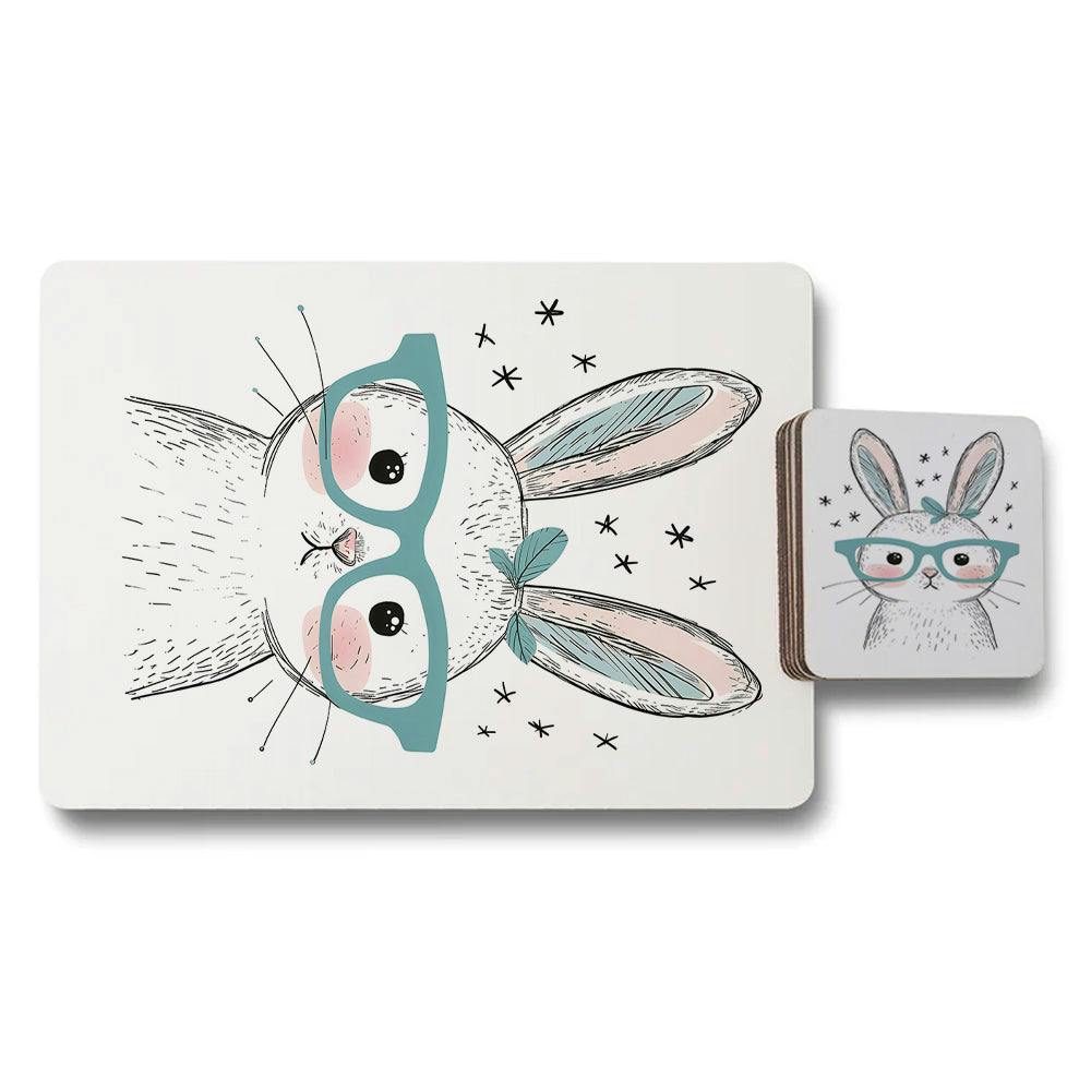 Benjamin Tate Design Placemat And Coaster Set, Bunny Artwork With Glasses, Wooden Backing, High End Print Technology, Limited Edition