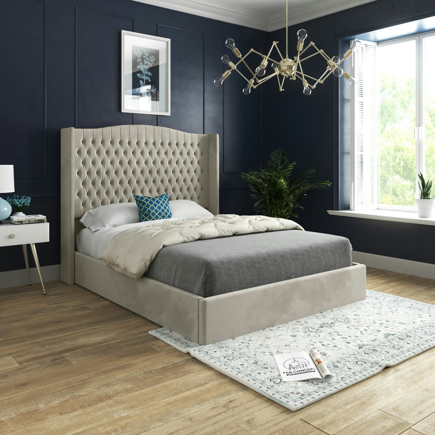 Rackhams Cream/Silver Rana Curved Top Winged Upholstered Soft Velvet Bed Frame - Small Double