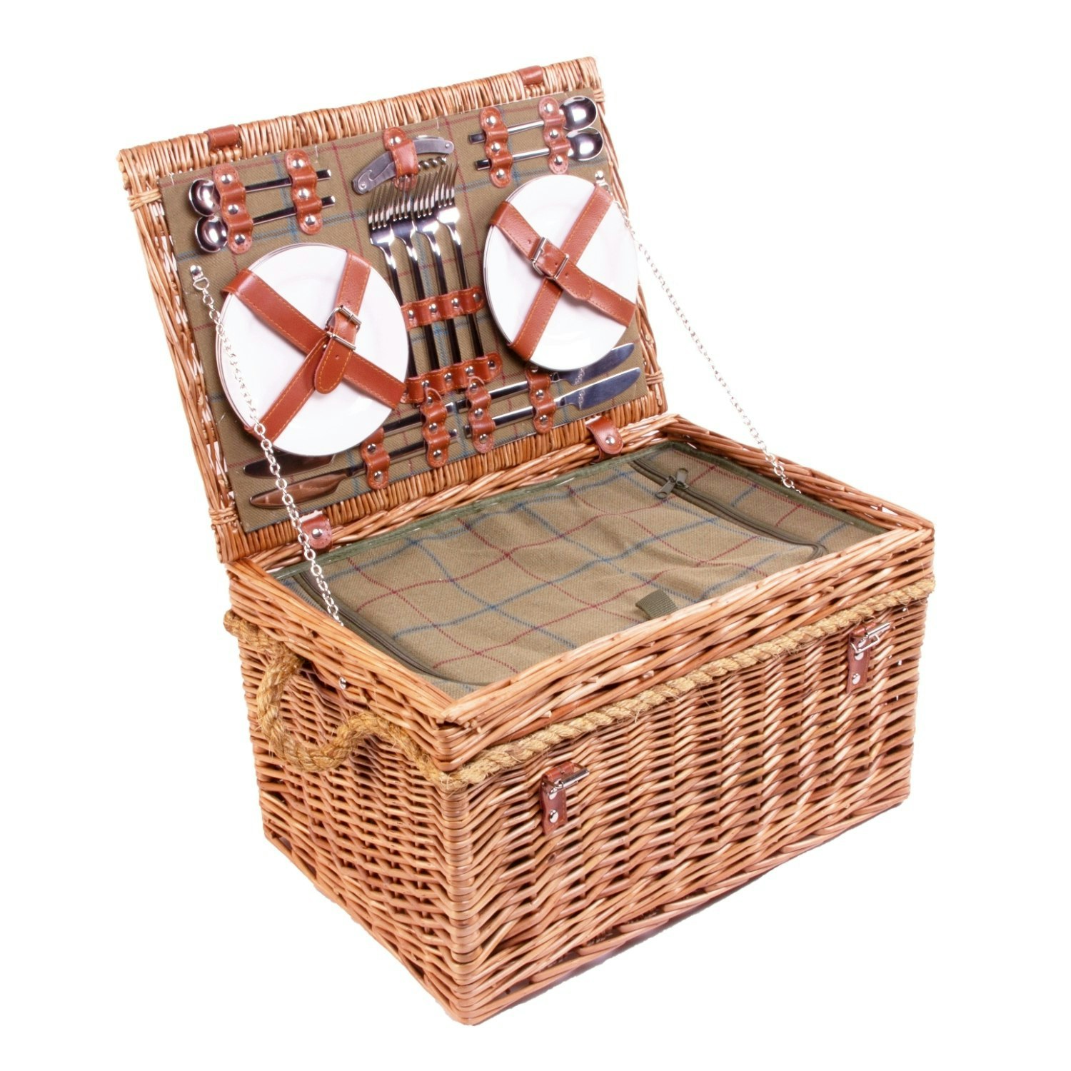 Rackhams Green Burghley 4 Person Tweed Fitted Wicker Picnic Basket - 4 Person