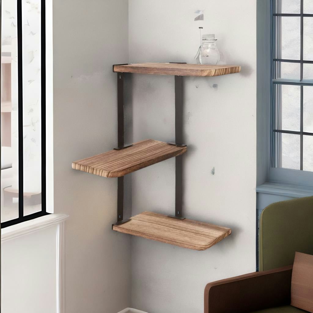 Rackhams Brown 3 Tier Wall Mounted Floating Corner Shelf Rustic