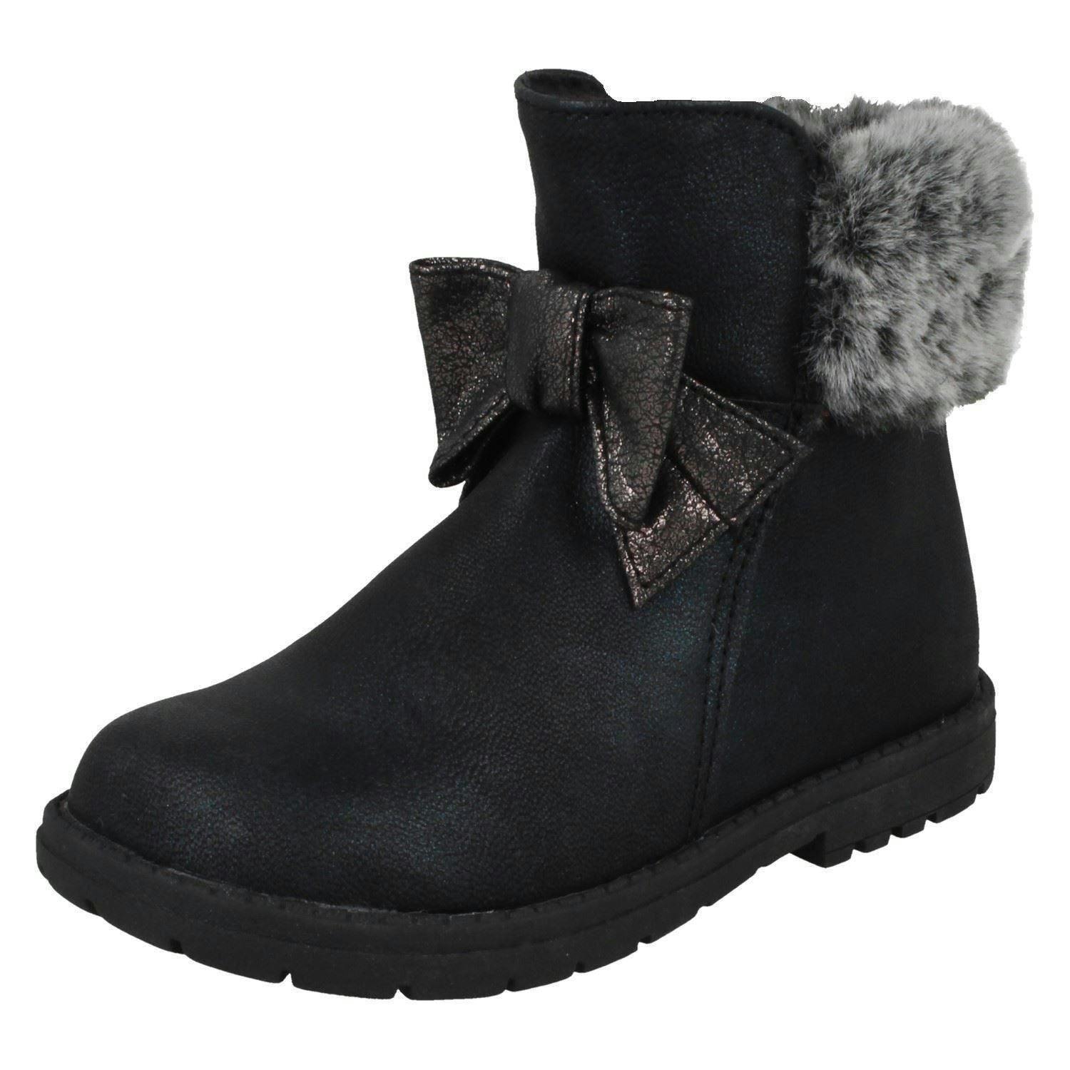 Spot On Girls Black Fur Collar Ankle Boots H4183 - Uk 9 Child