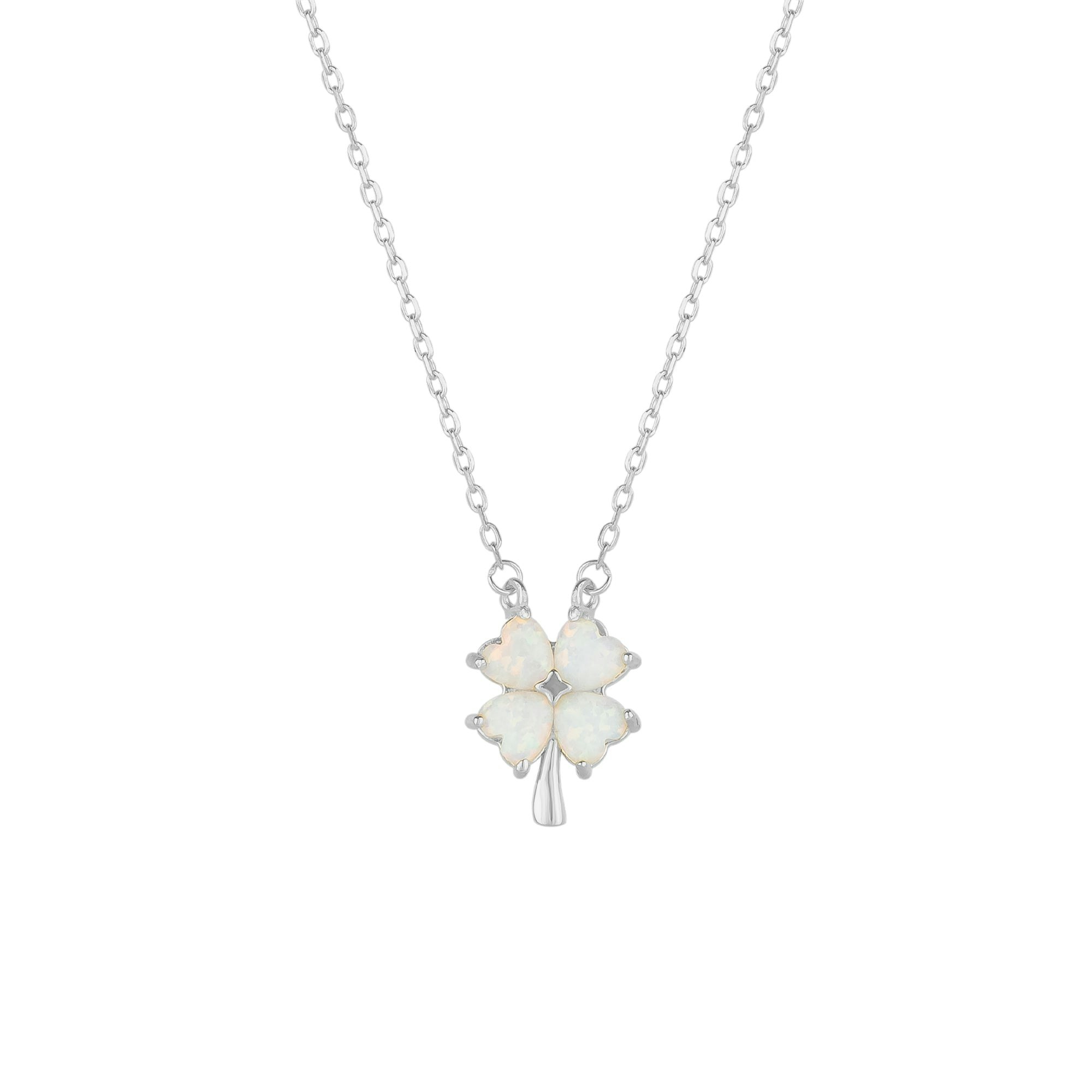 Spero London White/Silver Opal Four Leaf Clover Sterling Necklace