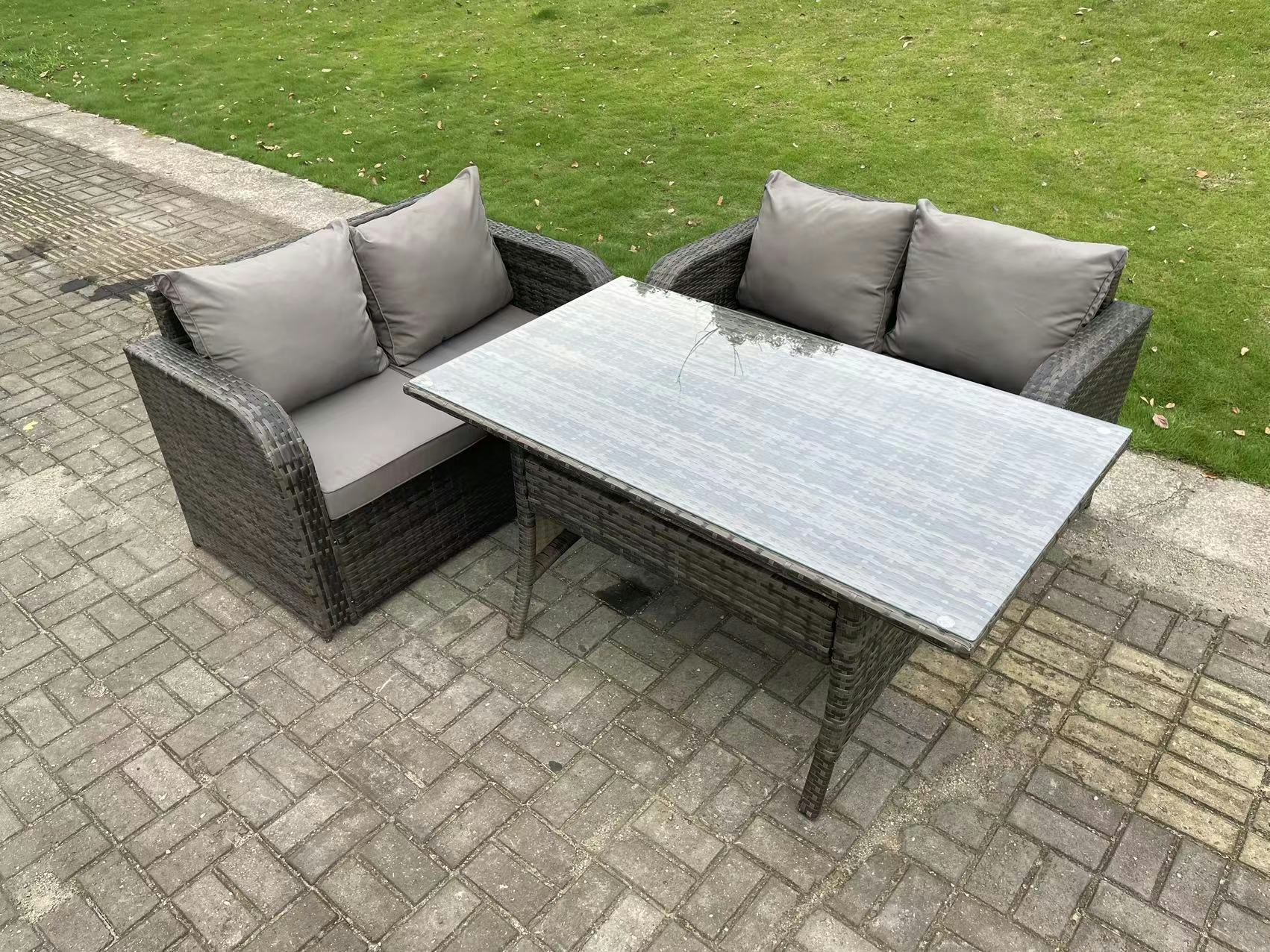 Rackhams Dark/Grey Pe Wicker Rattan Garden Furniture Set Love Sofa 2 Seater Sofa Set Outdoor Rectangular Dining Table 4 Seater