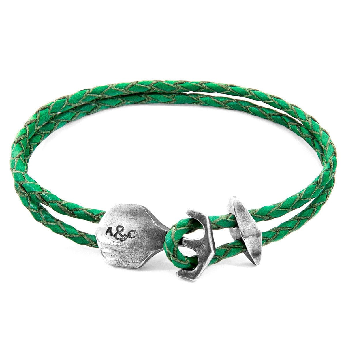 Anchor & Crew Green/Silver Fern Delta Anchor And Braided Leather Bracelet - S - 19Cm