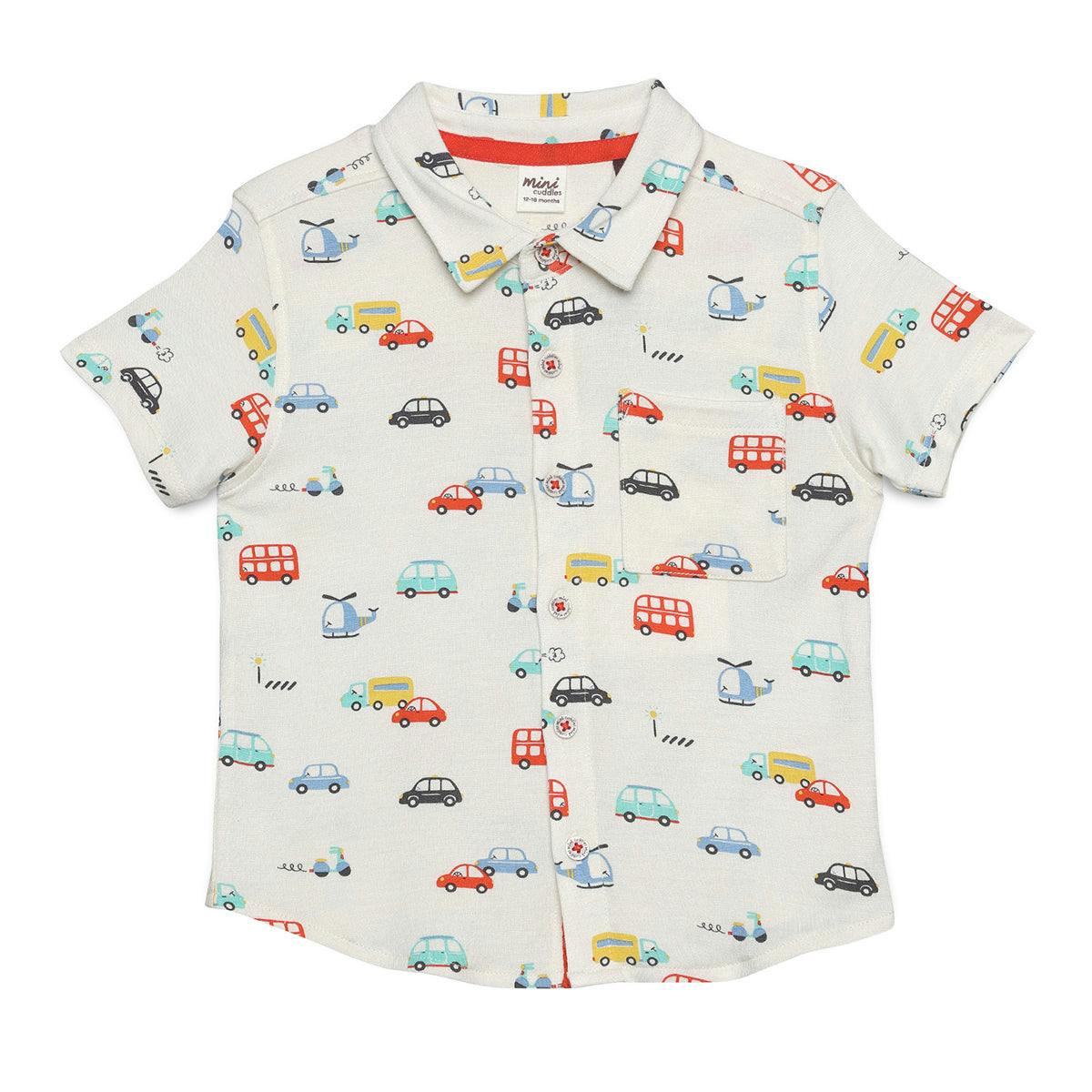 Mini Cuddles Men's Baby Boys All-Over Vehicle Printed Shirt, Multicolour - 0-3 Months