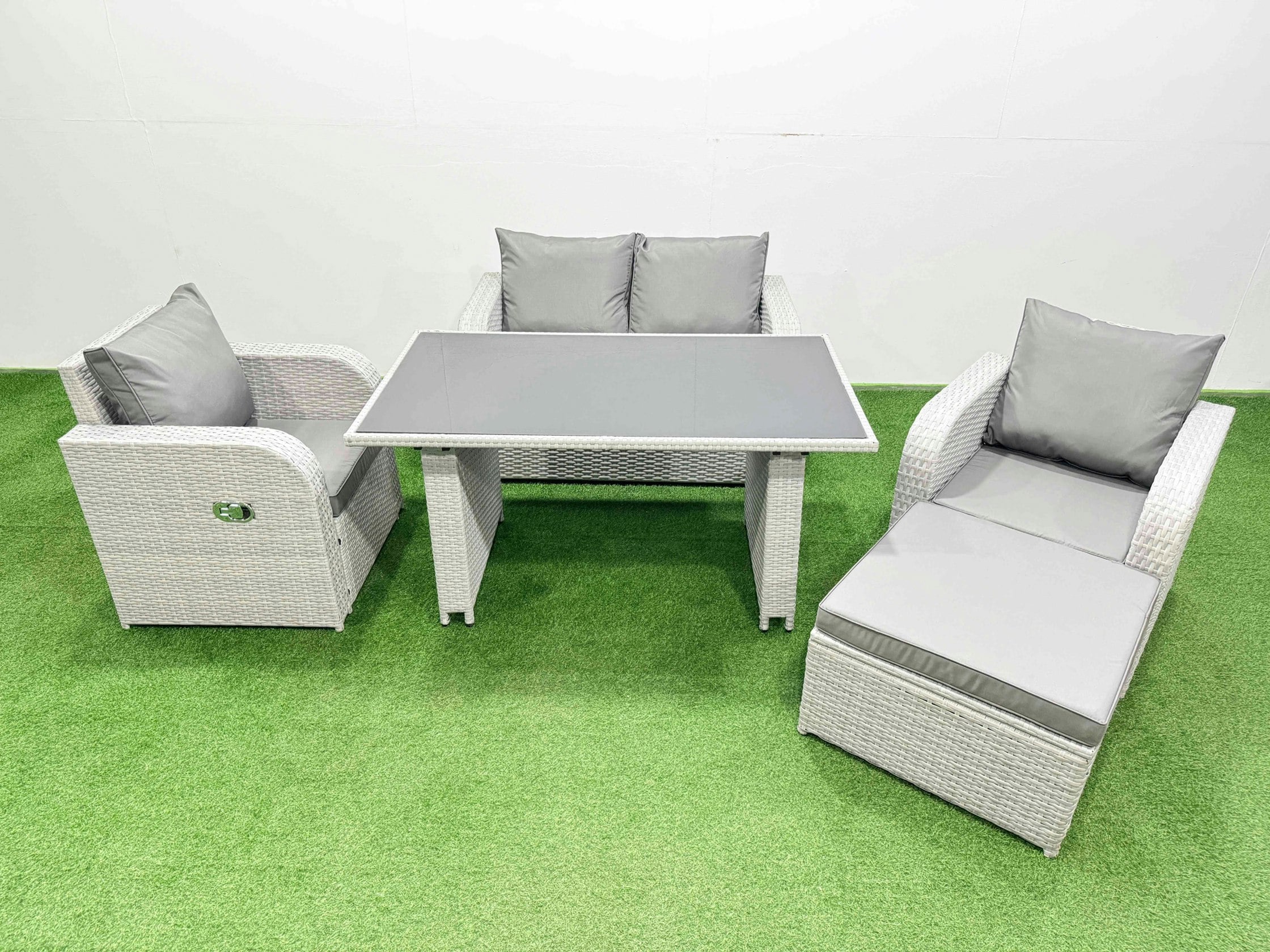 Fimous Outdoor Rattan Garden Furniture Dining Set 5 Seater Patio Rectangular Table Love Sofa Reclining Chair Set With Big Stool
