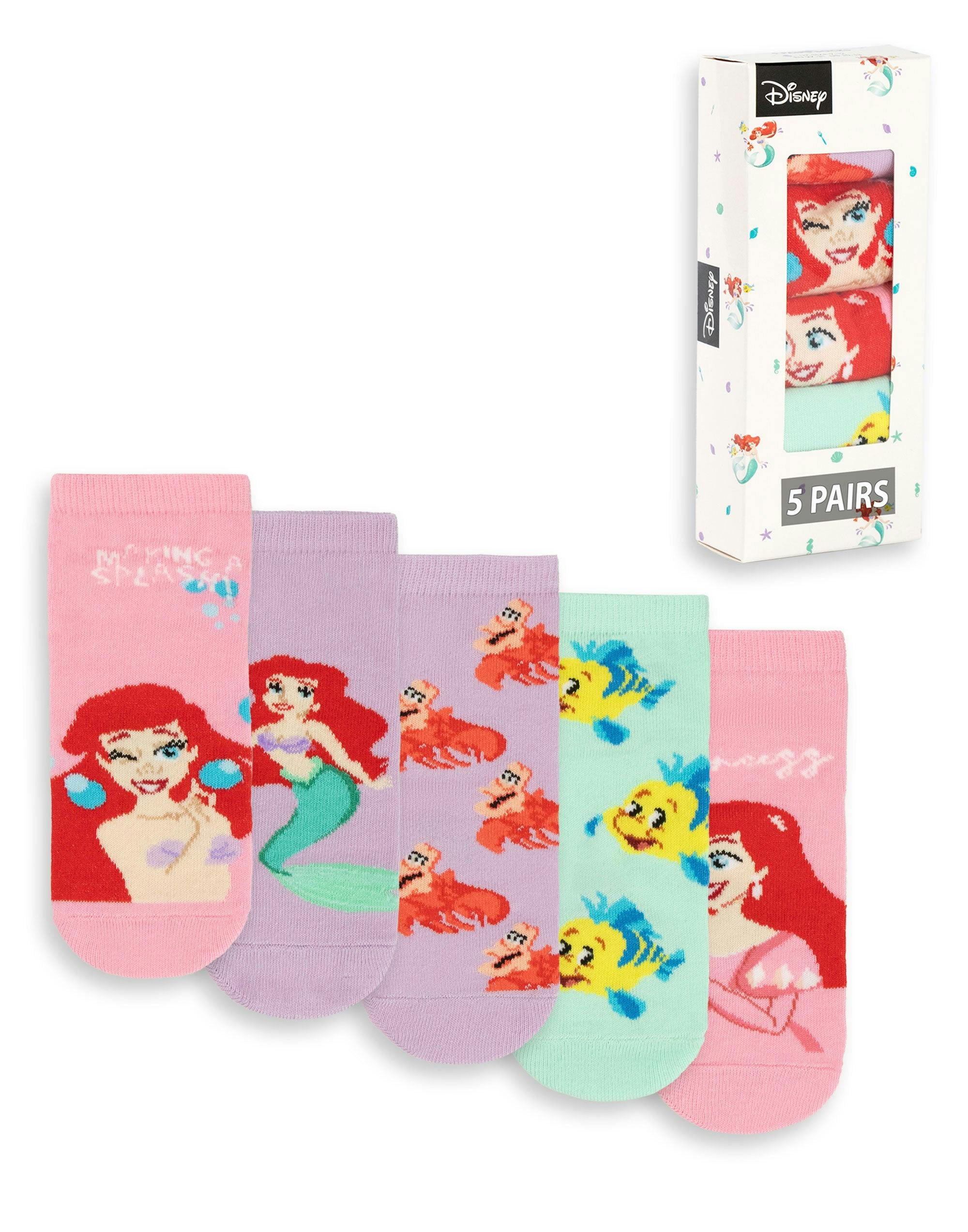 Vanilla Underground Girls Pink/Purple/Green Disney The Little Mermaid Multicoloured Ariel Calf Socks Set Of 5 - 6-8.5 Uk Child