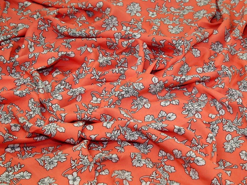 Minerva Core Range Coral Minerva Deadstock Viscose Challis Fabric - Flowers Design Dressmaking Fabric, 140 Cm / 56" Wide - Per Metre