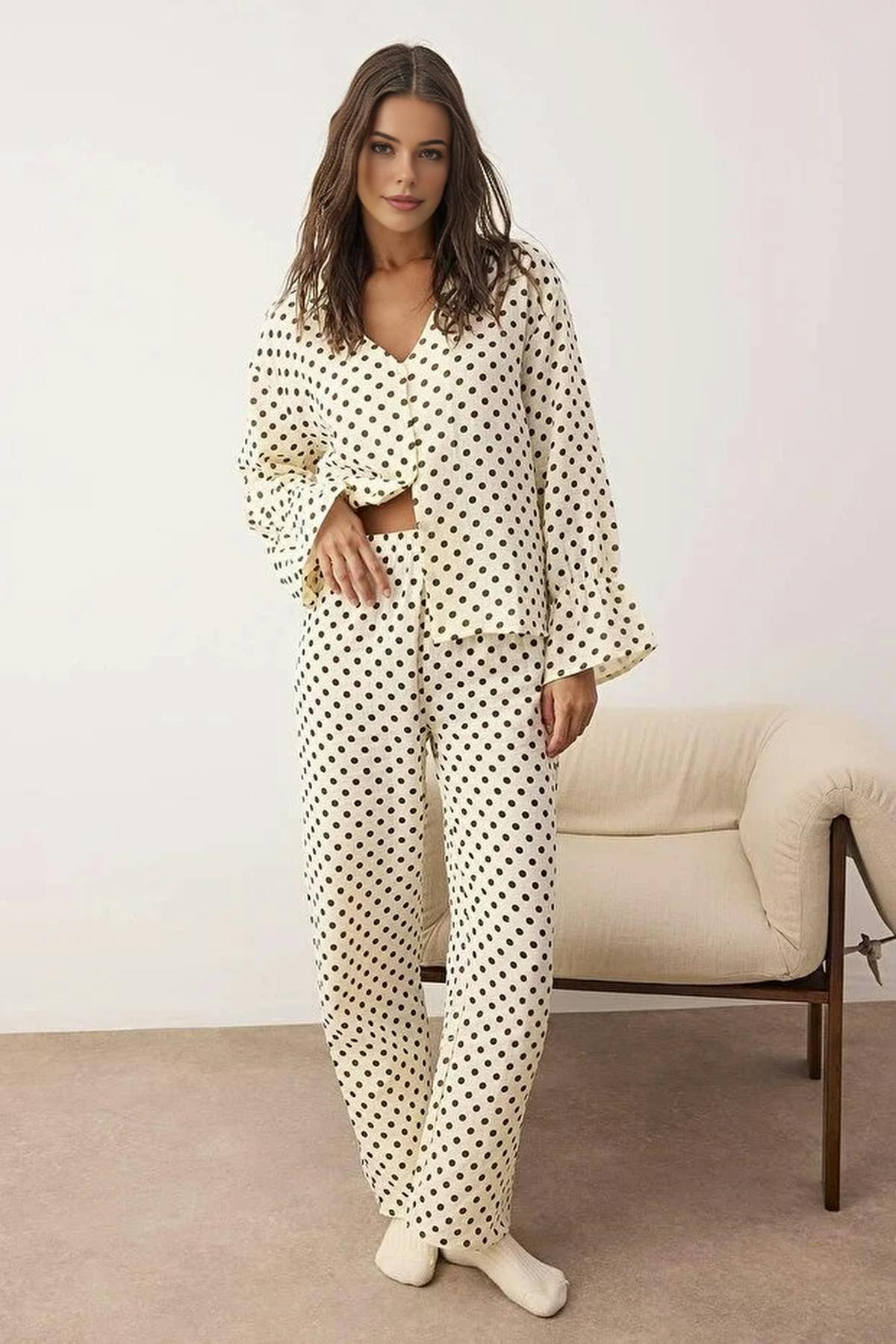 Wovcor 2-Piece 100% Cotton Polka Dot Muslin Woven Pajama Set - Ecru - 6