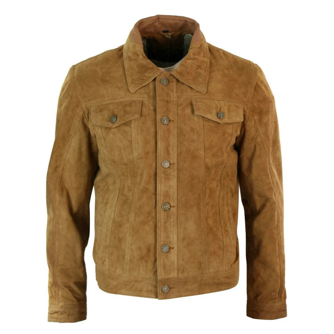Infinity Leather Men's Short Denim Suede Leather Jean Jacket - Tan - 2XL