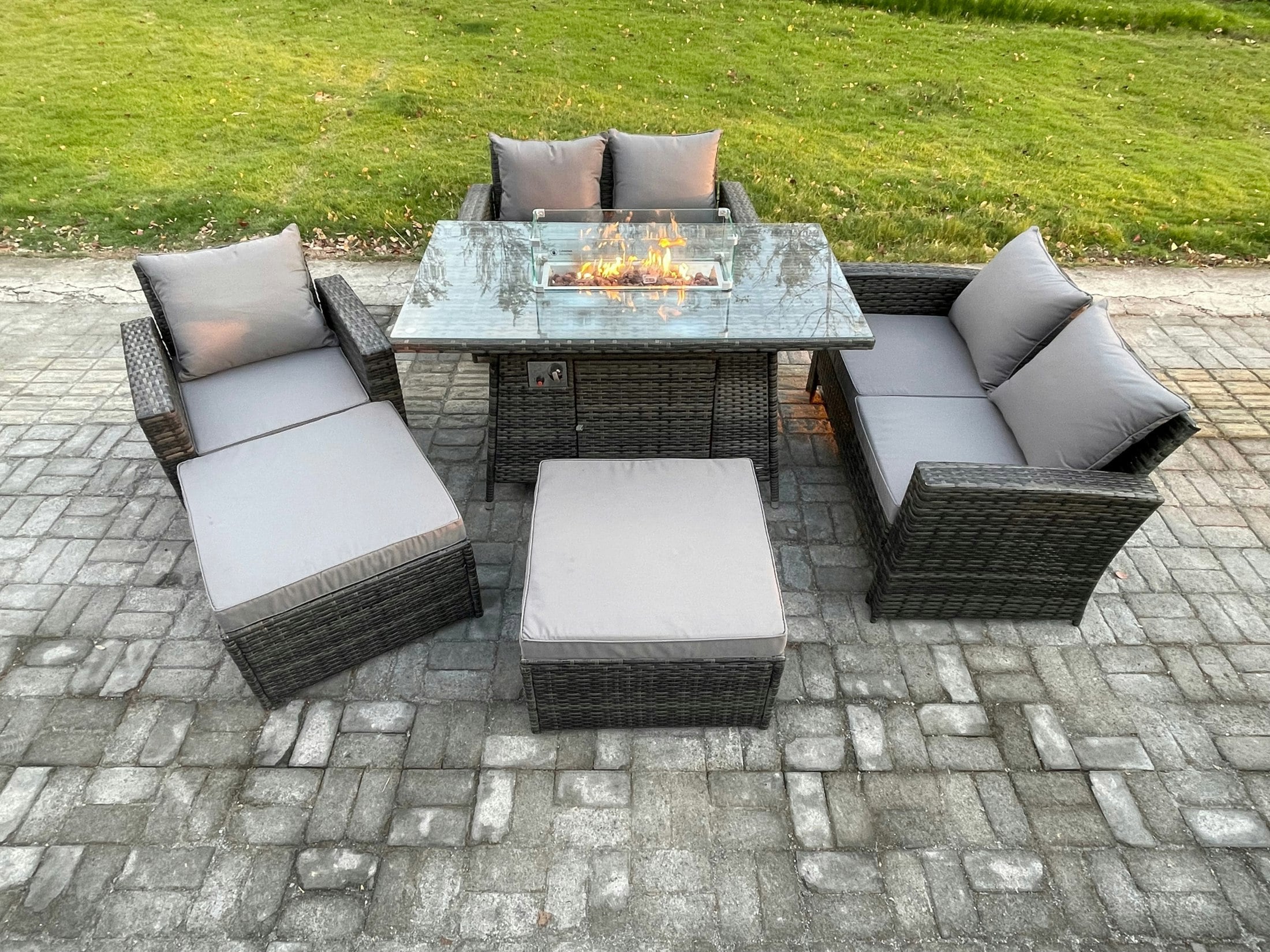 Fimous Dark/Grey 7 Seater Rattan Garden Furniture Set Outdoor Lounge Sofa Chair Gas Fire Pit Dining Table Set With 2 Big Footstool Double Seat Sofa Armchiar
