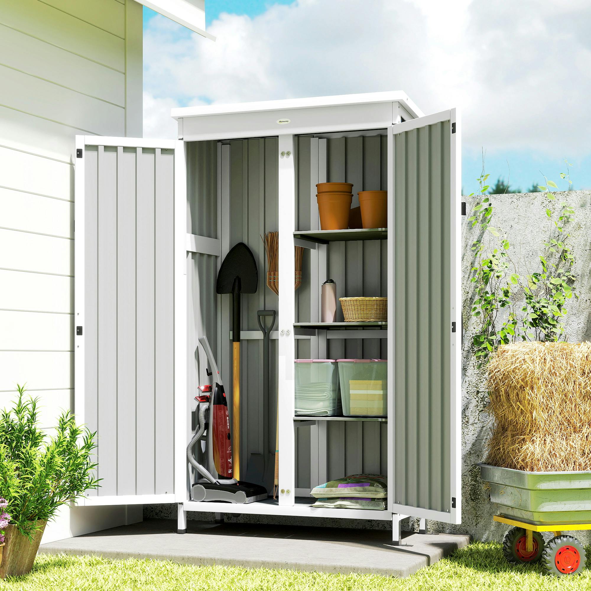 Outsunny White/Black Outdoor Storage Cabinet With Removable Shelves, And - Garden Shed - Fir Wood, Galvanised Steel - And