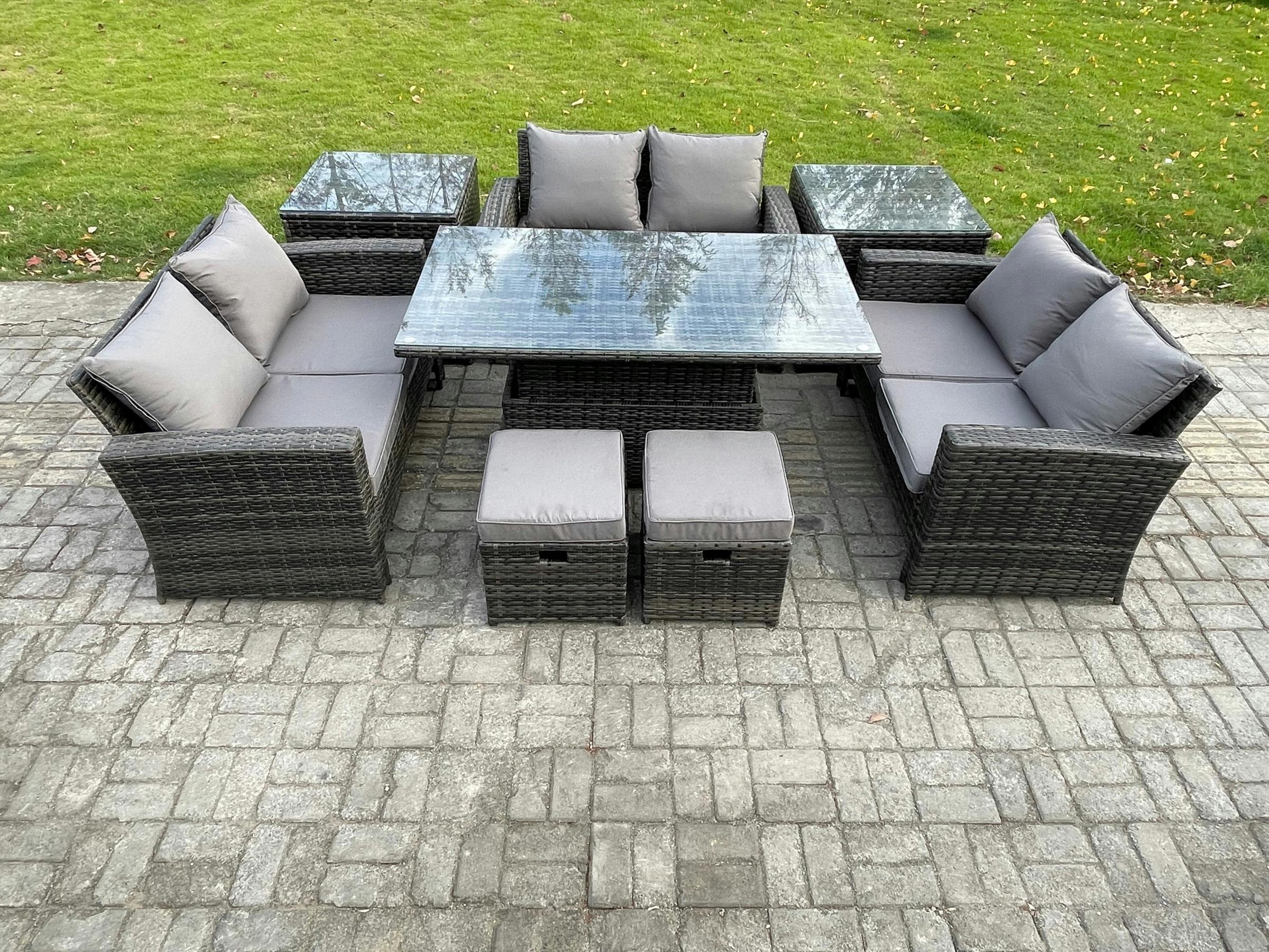 Fimous Dark/Grey Wicker Pe Rattan Garden Set, Adj Height Table Sofa Dining, Double Seat Sofa, 2 Small Footstools And 2 Side Tables, Mixed
