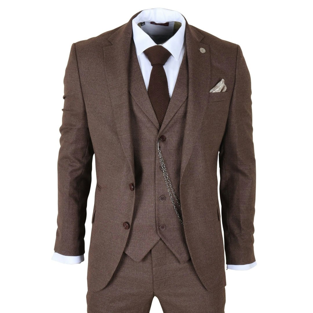 Truclothing Men's Brown Tp-50 - 3 Piece Prince Of Wales Check Suit - 48" Jacket 42" Trousers