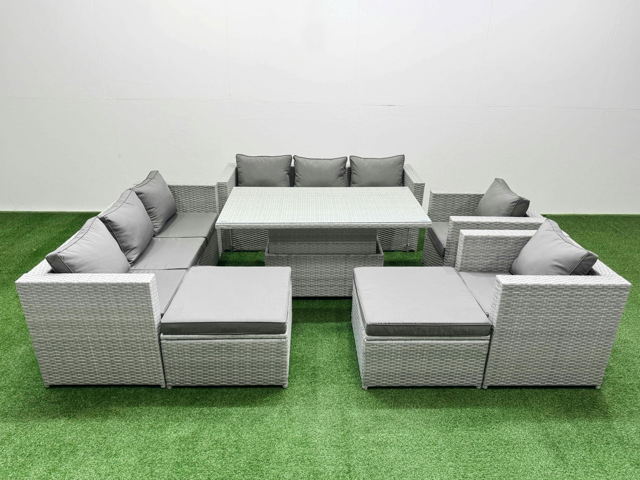 Rackhams Light/Grey 7 Pcs Rising Dining Table Set Rattan Furniture Set With 3 Seater Sofa Chair 2 Big Footstools