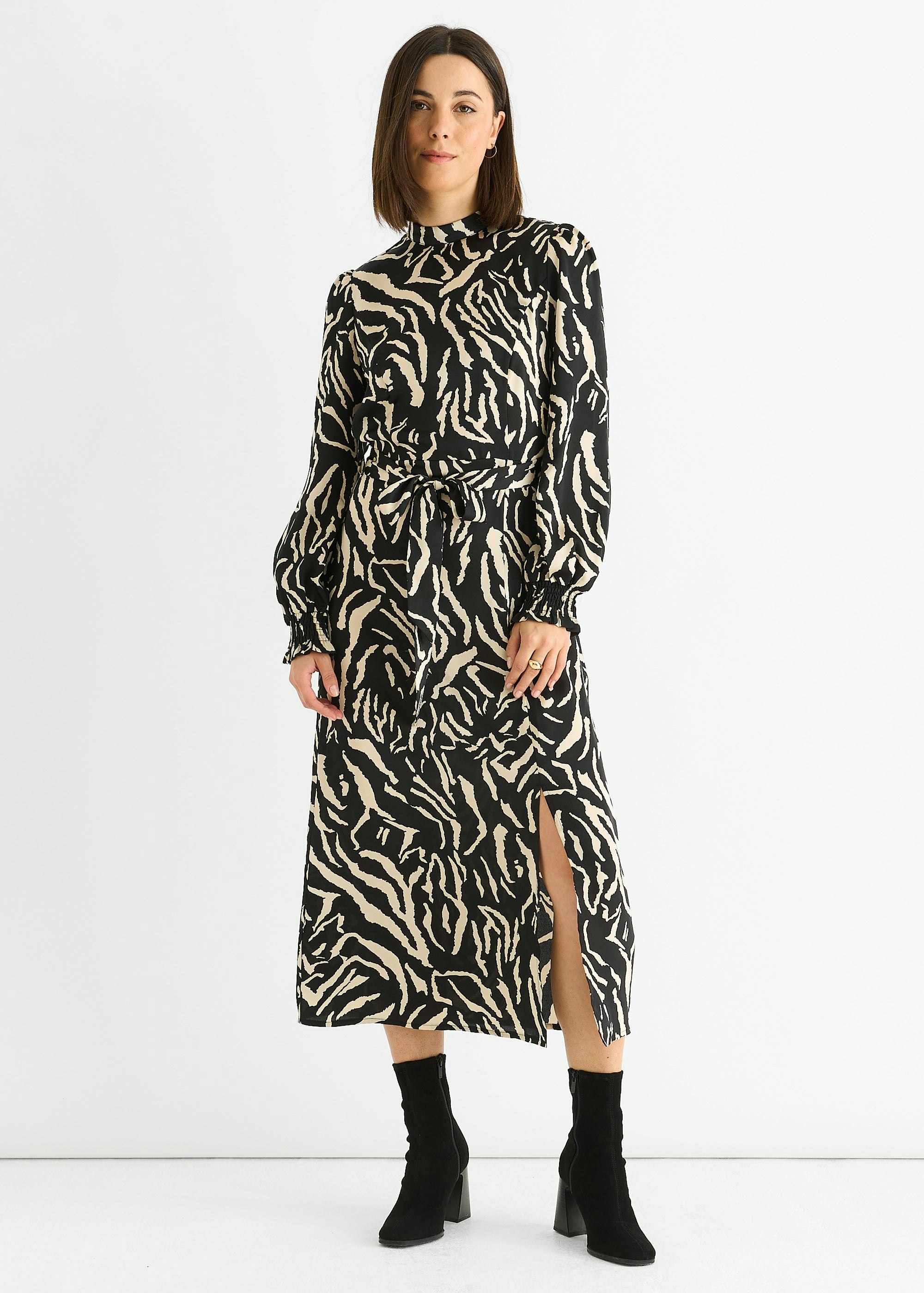 Gini London Black Animal High Neck Satin Midi Dress - Uk 10 / Us 6 / Eu 38