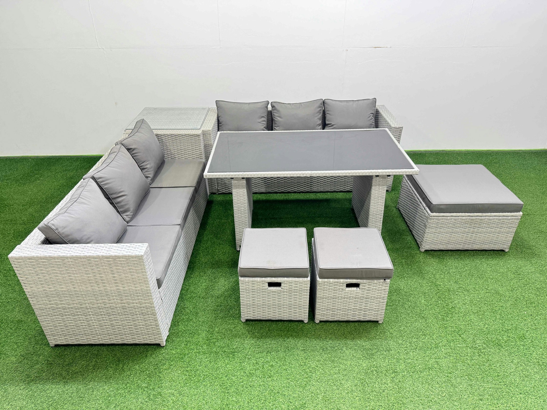 Rackhams Light/Grey Rattan Garden Furniture Dining Set 9 Seater Patio Rectangular Table Sofa Set With Side Table 3 Stools
