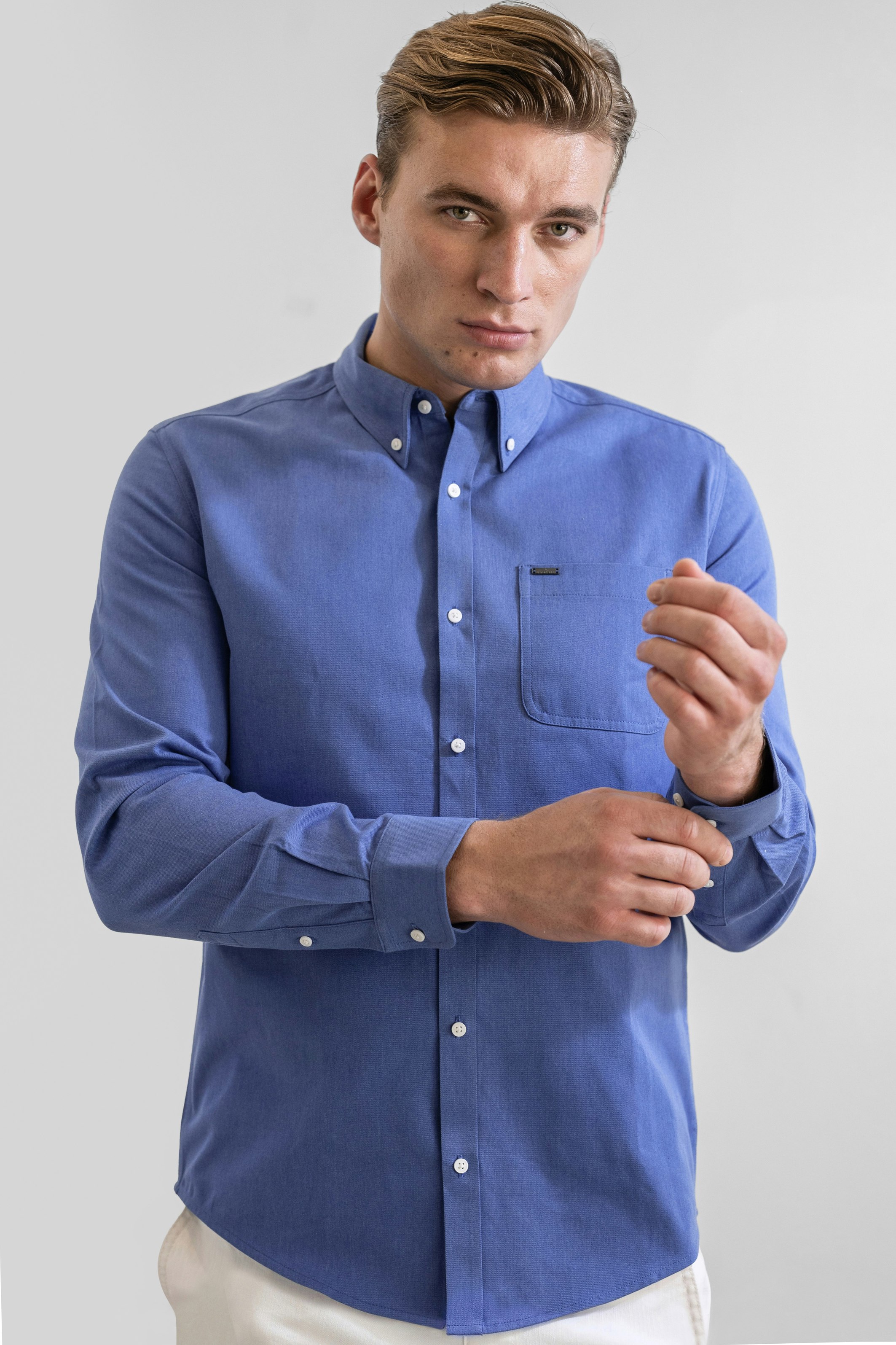 Enorsia Men's Blue Button Down Collar Long Sleeve Shirt - M - 50% Cotton, 50% Polyester
