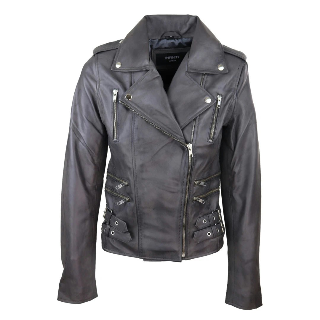 Infinity Leather Women's Grey Leather Company Leather Short Biker Jacket - Uk 8