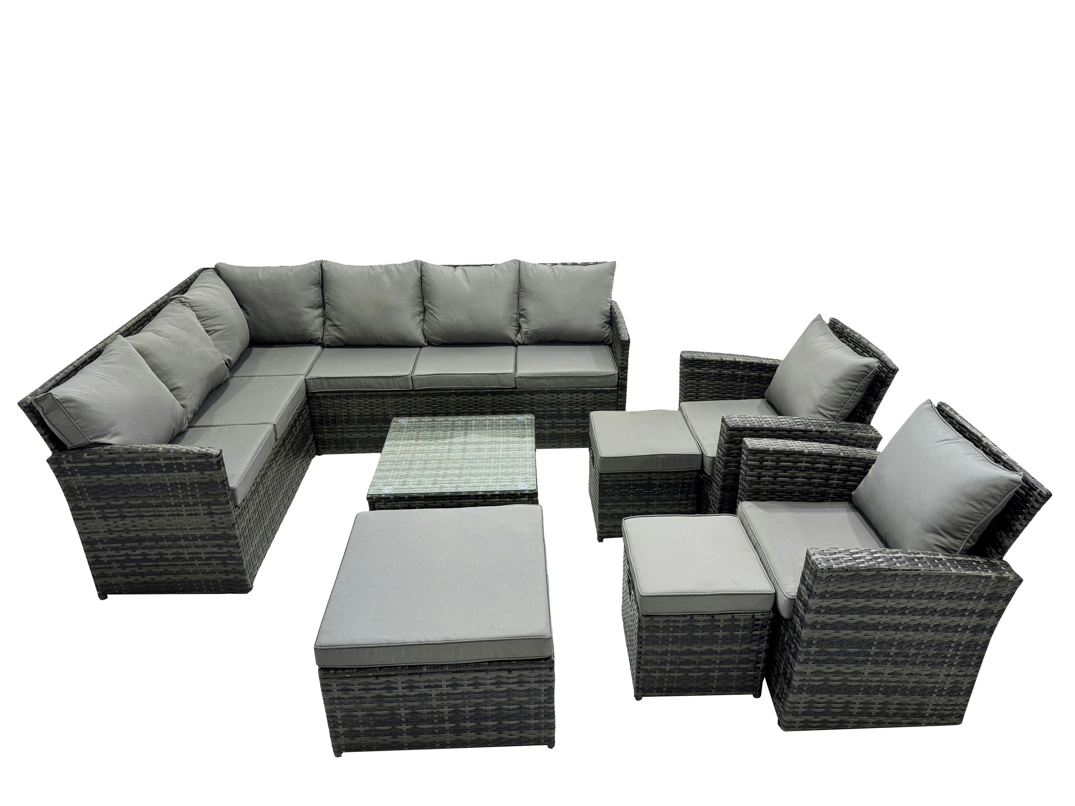 Fimous Dark/Grey 11 Seat Poly Rattan Outdoor Patio Coffee Table Corner Sofa Sets With 3 Stools 2 Chairs For Garden Backyard Mixed