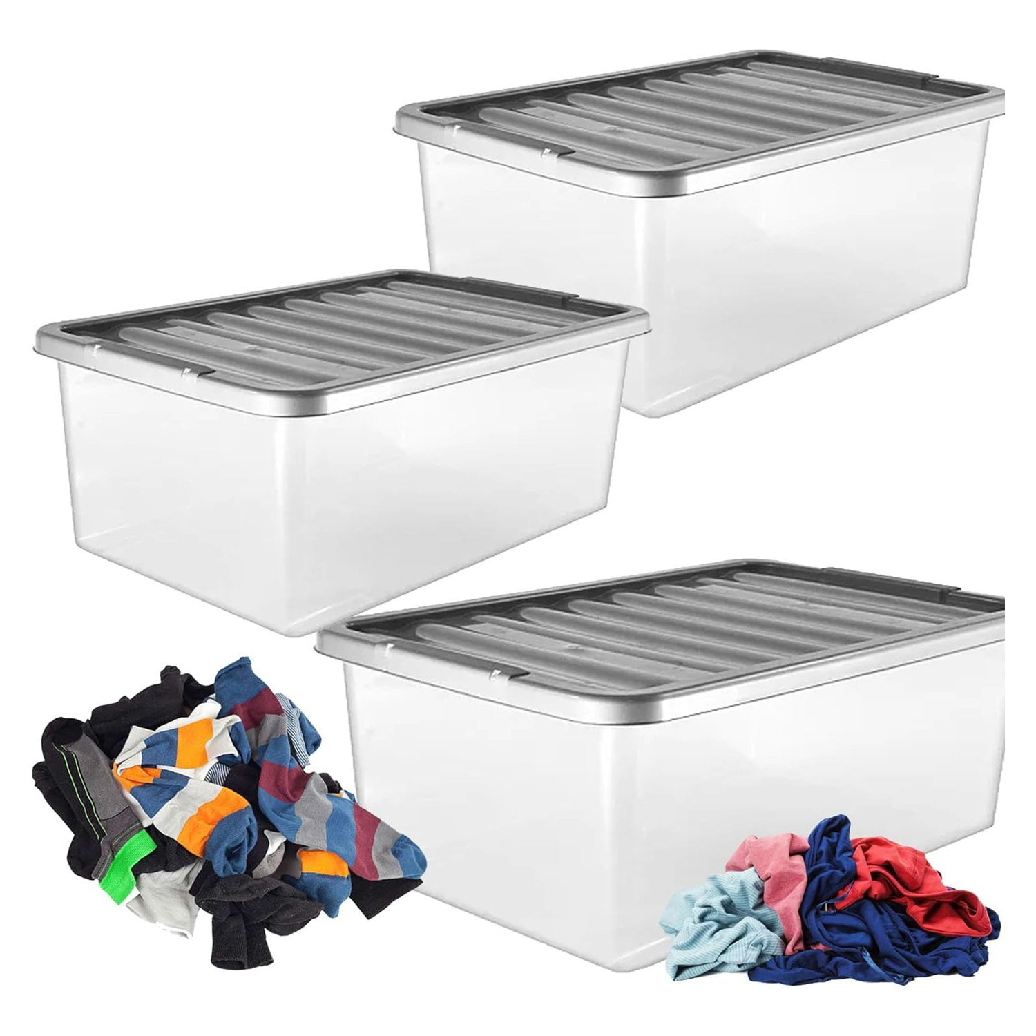 Rackhams Silver 3 X Underbed Storage Containers 32 Litre With Lids